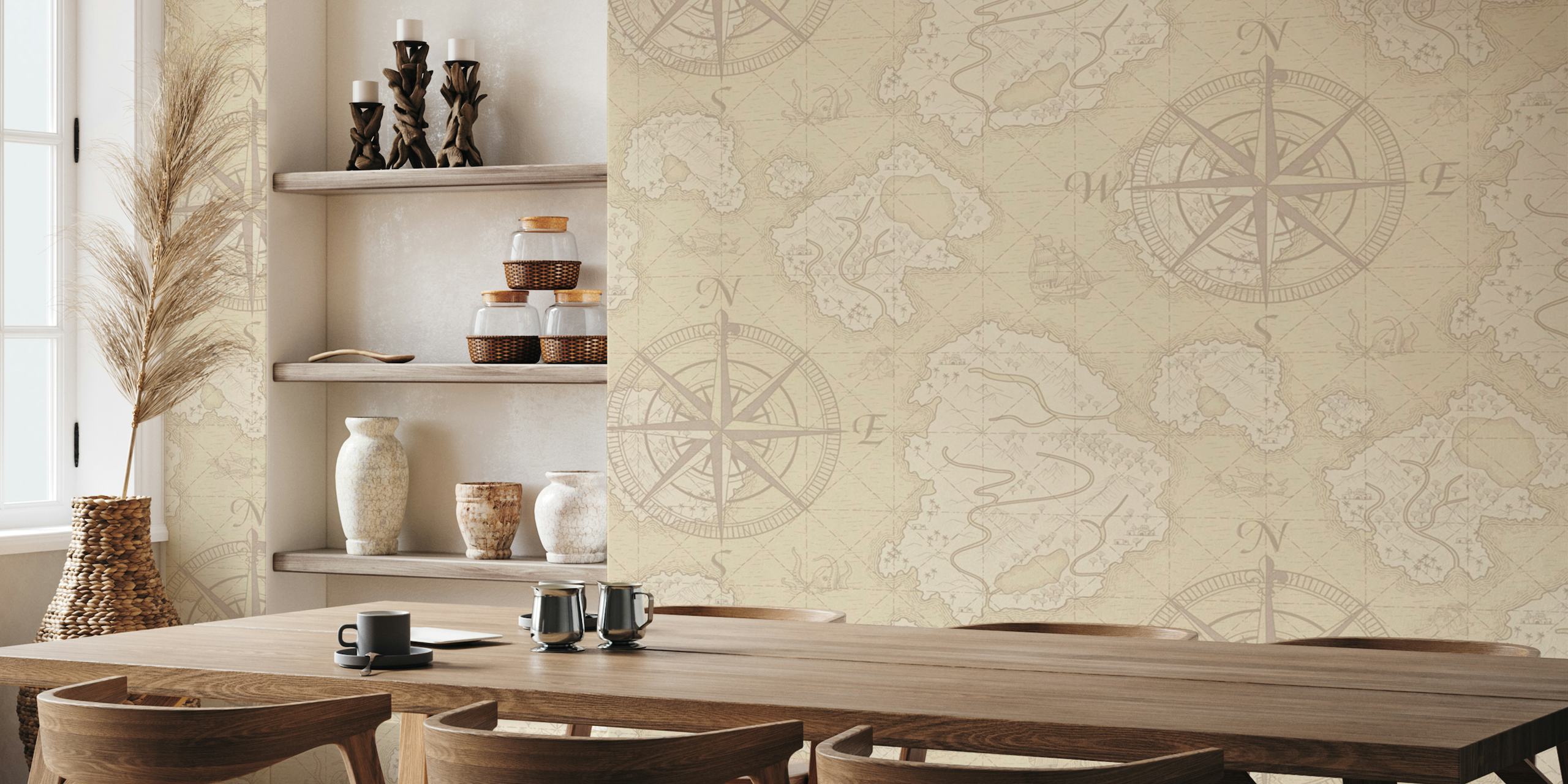 Classic Fantasy Vintage Map themed wall mural featuring beige compass designs on a parchment-style background.
