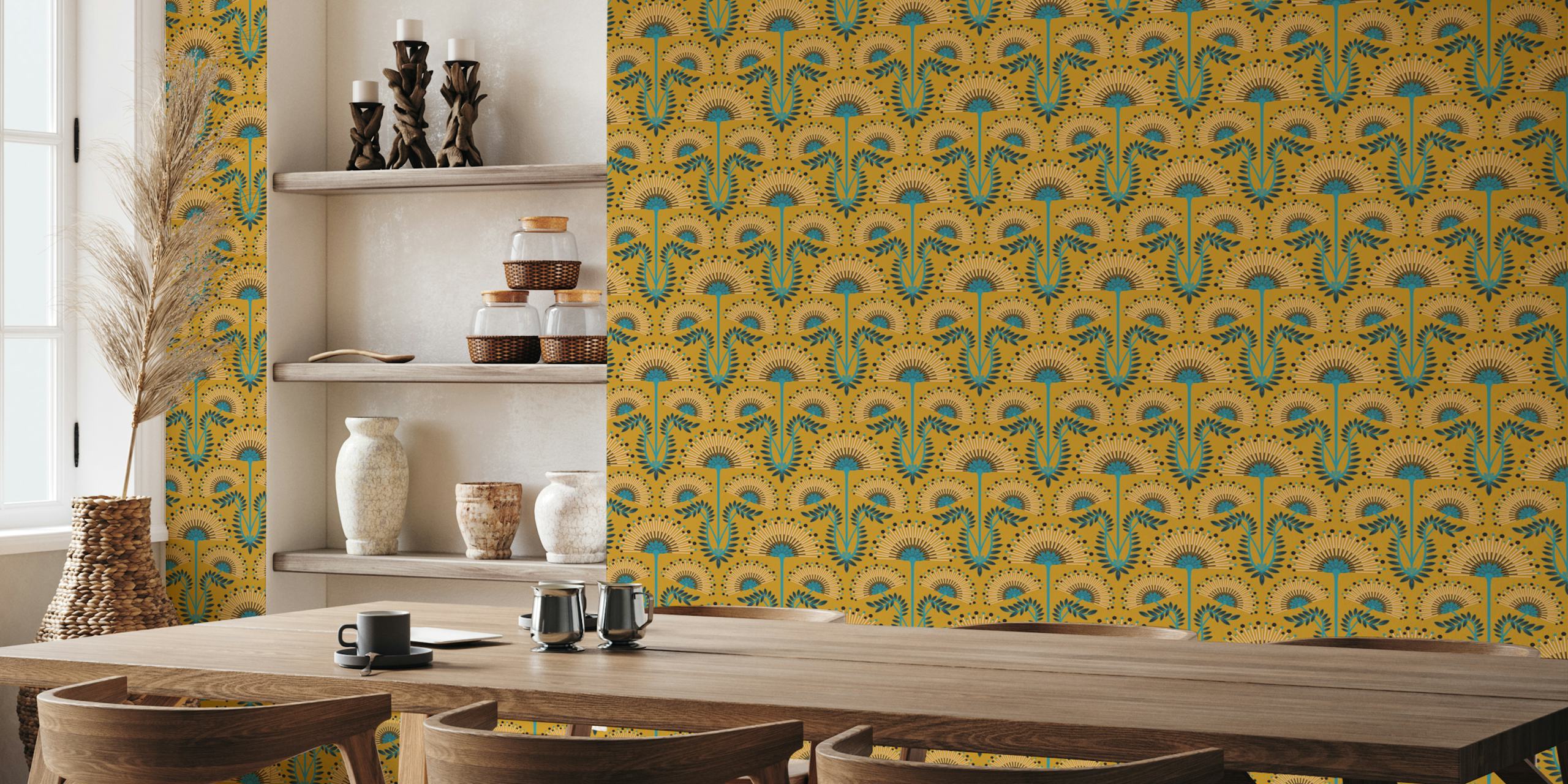 Mimosa Art Deco Floral Mustard Kleine Muurschildering Met Gestileerde Blauwgroen En Mosterdkleurige Bloemenpatronen