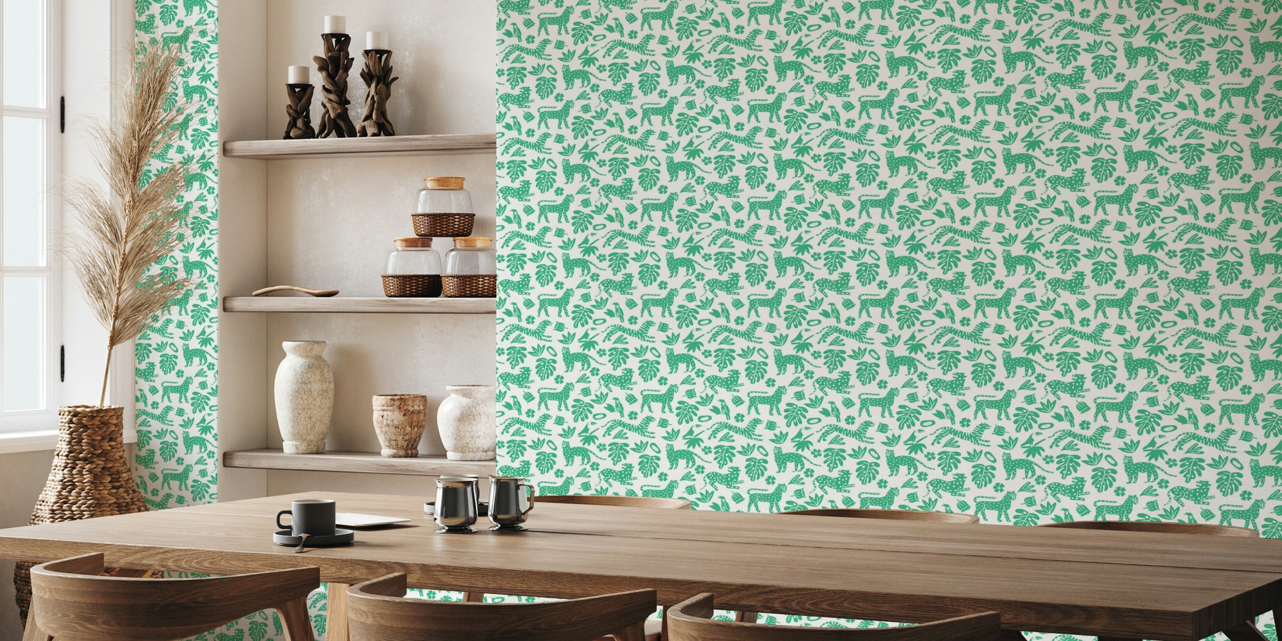 Illustrative wall mural featuring tigers and monstera plants in a vibrant green pattern.