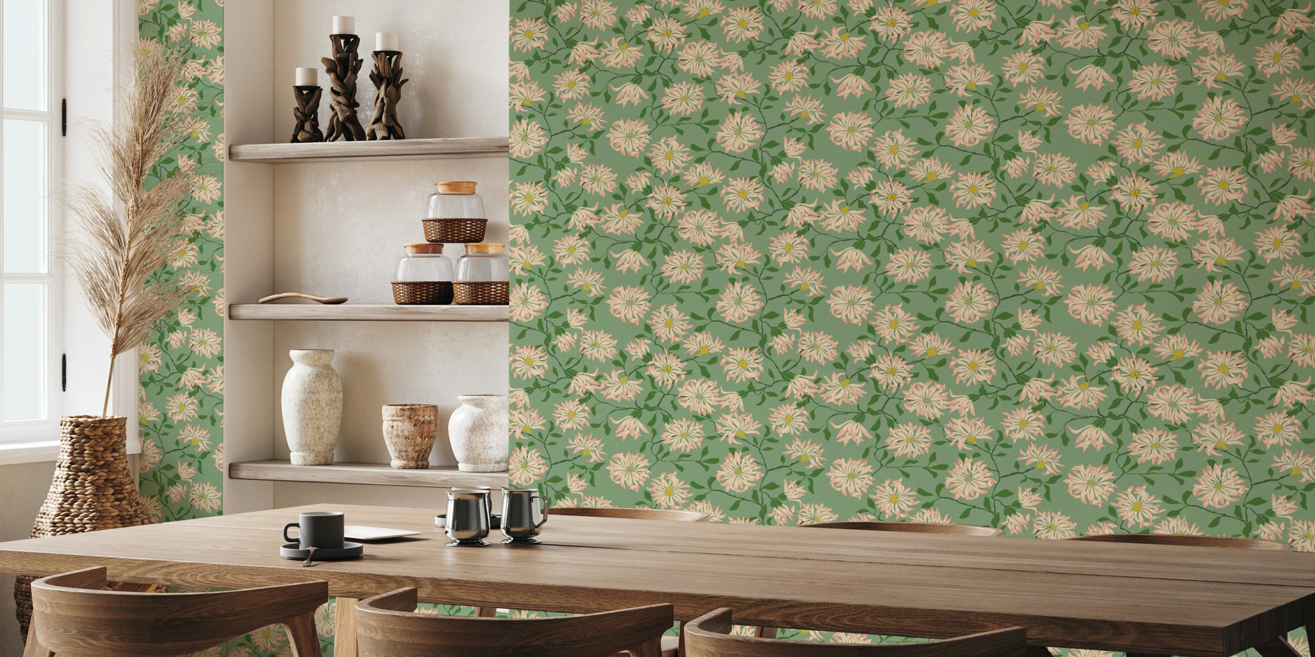 Cottage flowers chrysanthemums – green papiers peint