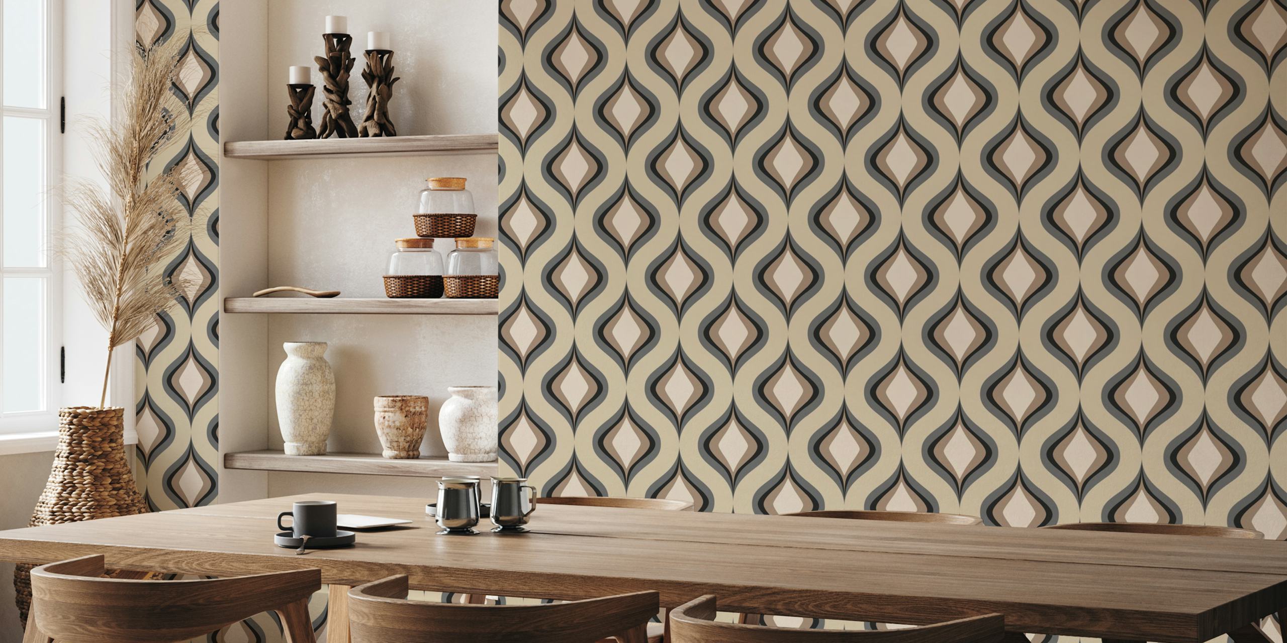 Geometric retro wallpaper in beige and brown tones