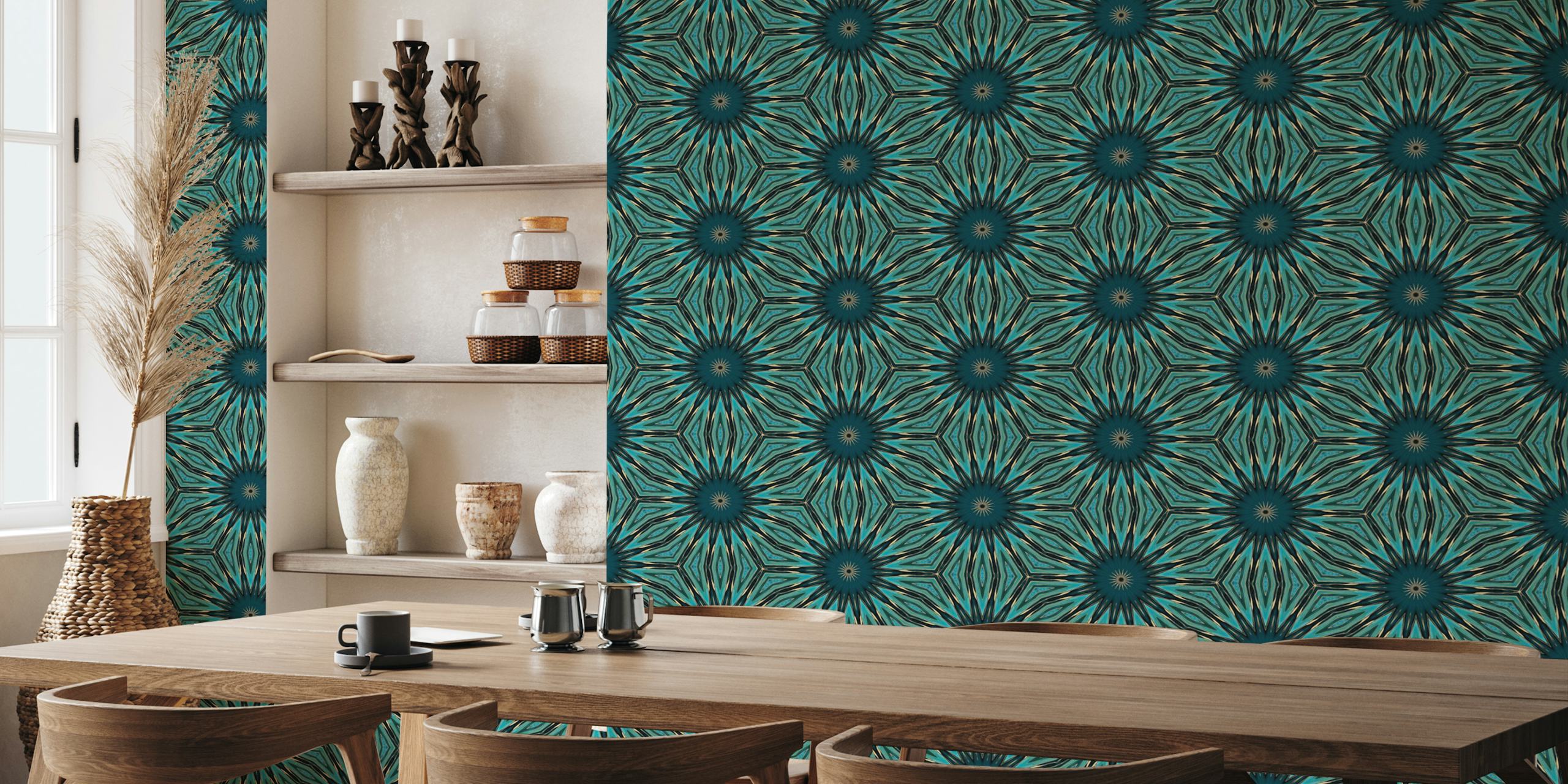 Geometric patterns in teal and black with golden accents wallpaper