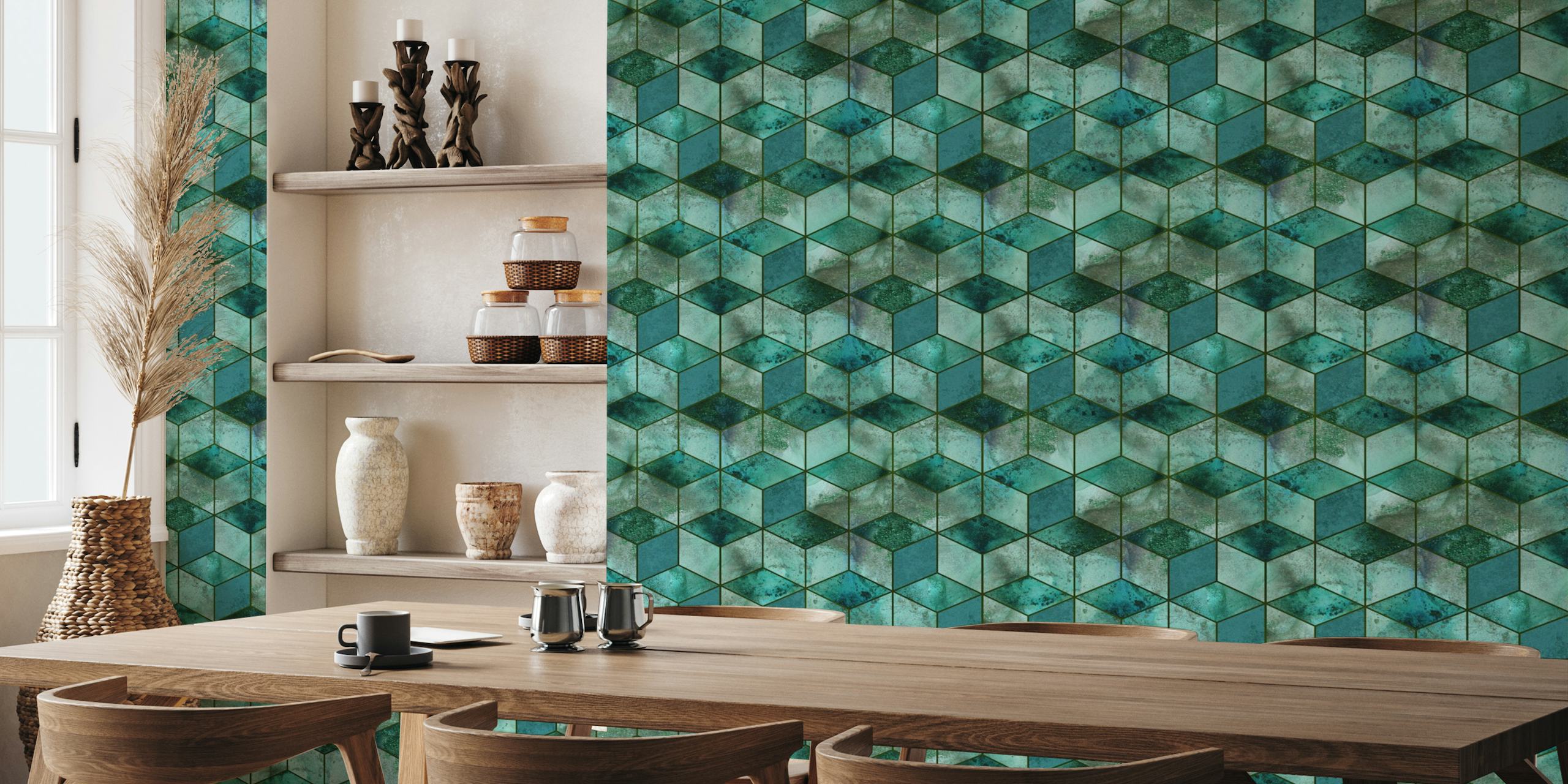 Cubics Modern 3D Geometry Pattern Emerald Teal behang