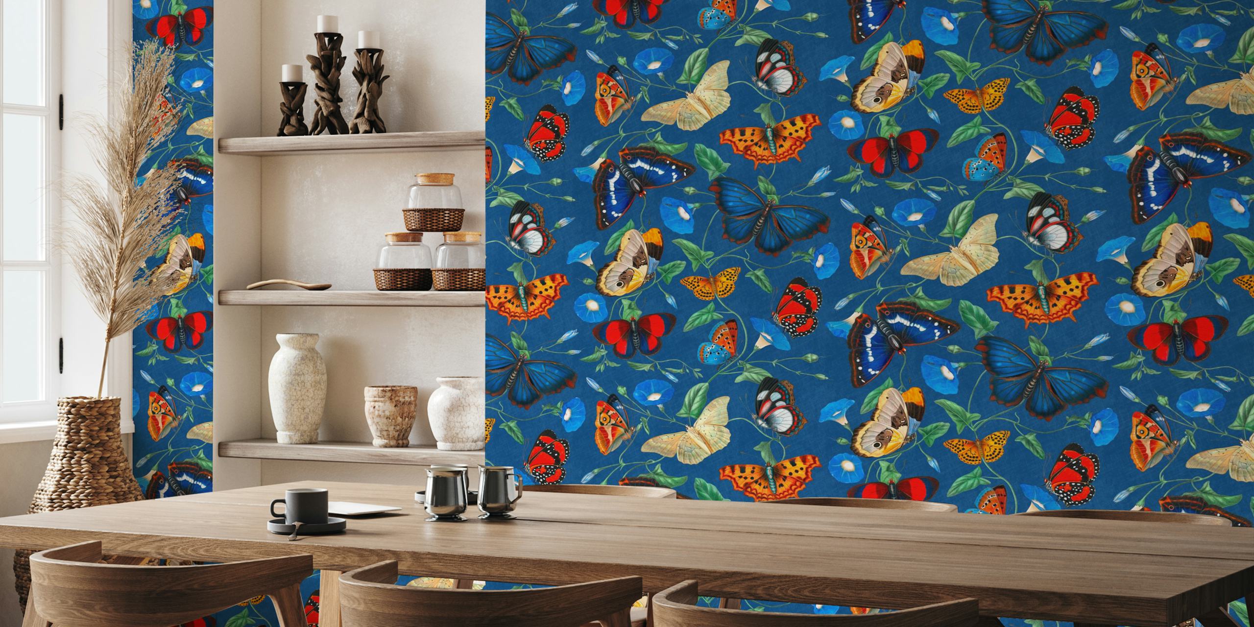 Wall mural with morning glory flowers and butterflies on a cobalt blue background