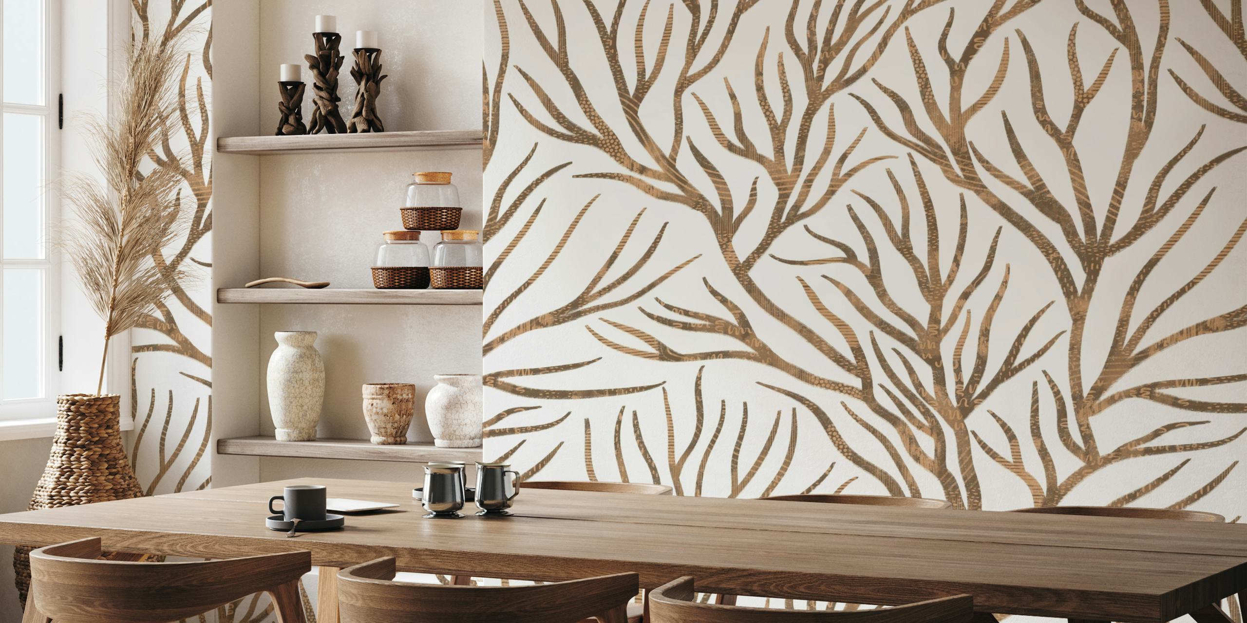 Tree Branches 1 wall mural with elegant brown branches on a creamy background