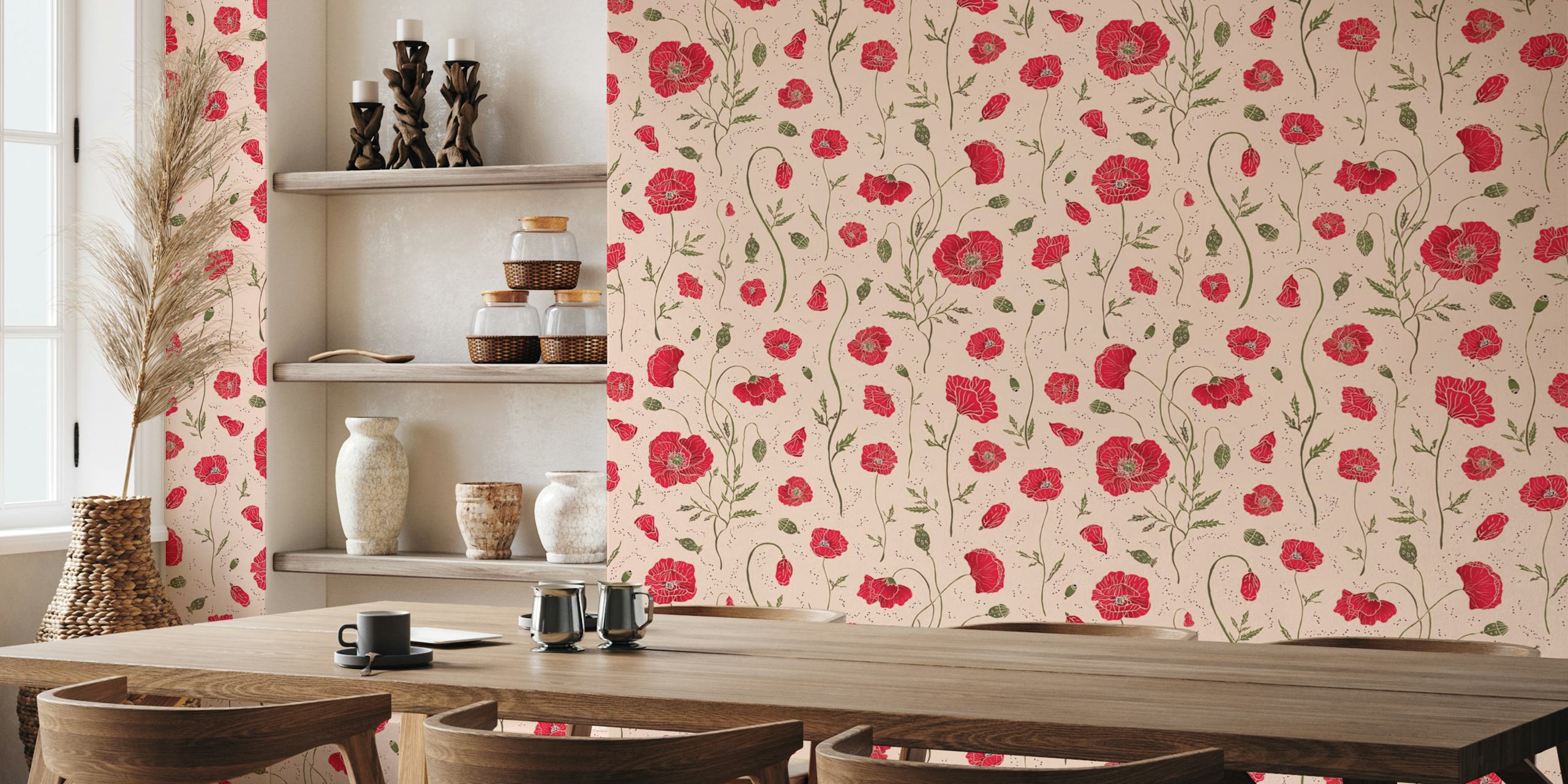 Red poppies and green stems on a soft pink background floral wallpaper