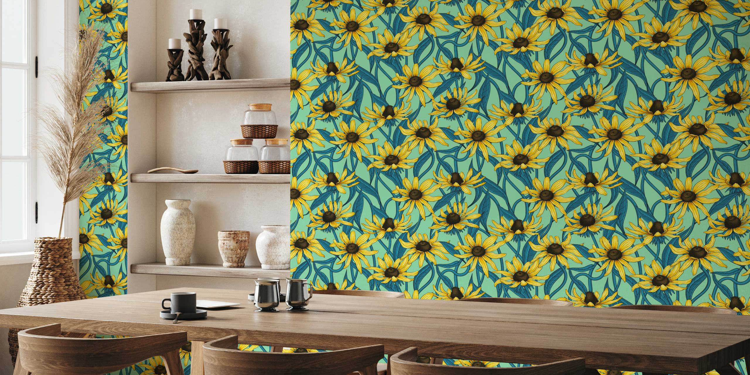 Yellow rudbeckia flowers on a jade green background wall mural