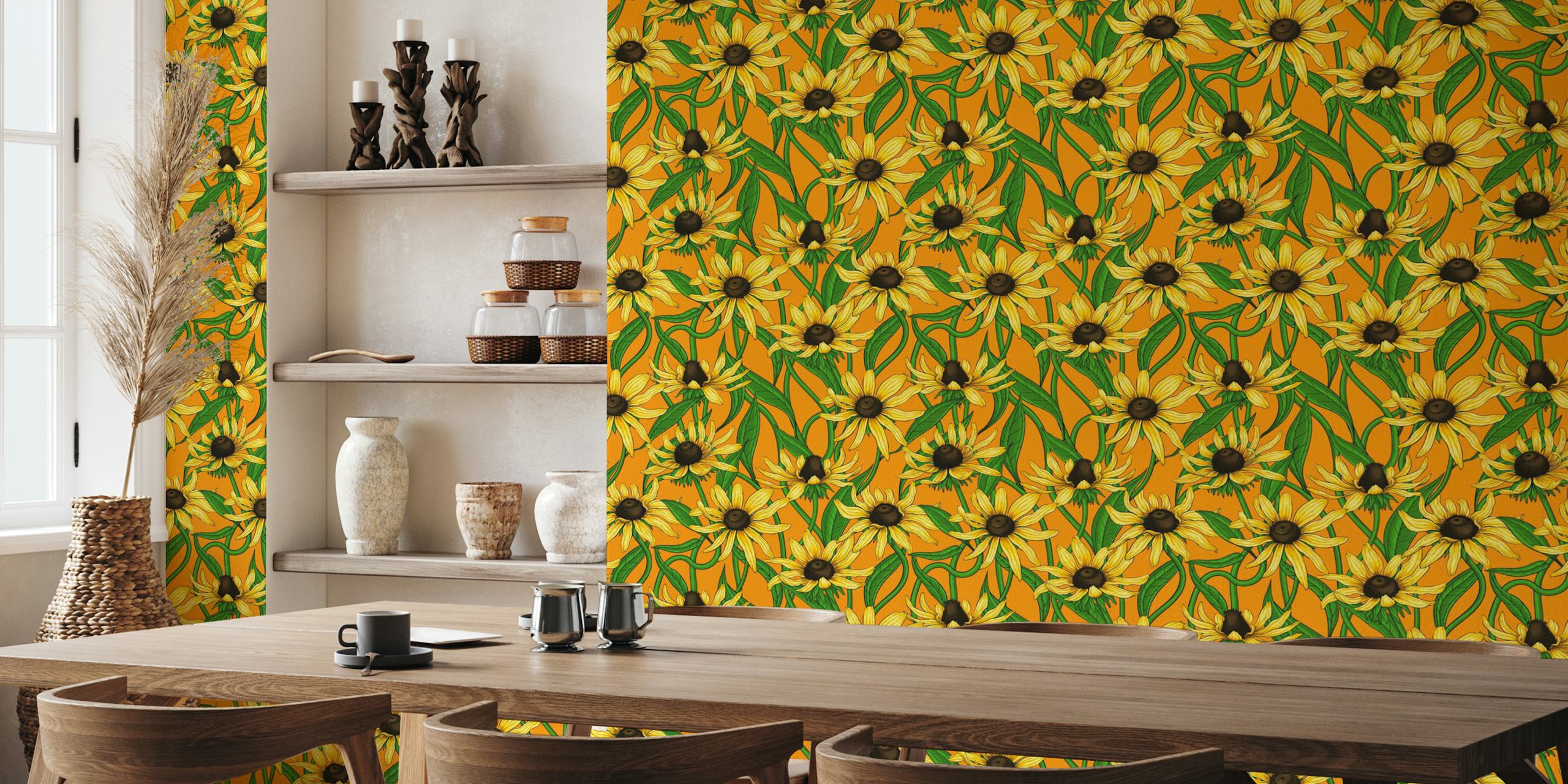 Papel pintado Yellow Rudbekia sobre fondo naranja
