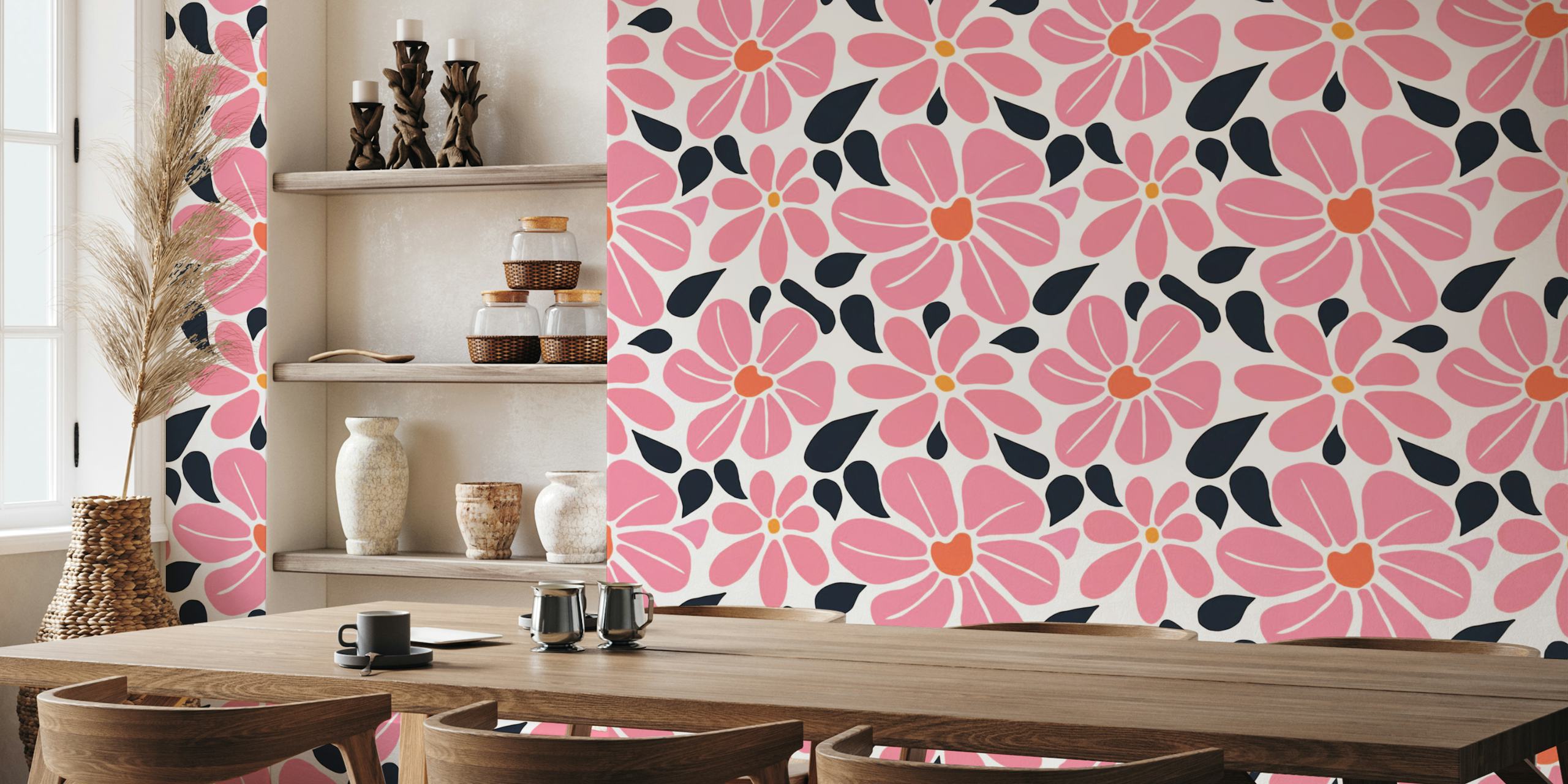 Retro Pink Groovy Flower Meadow σε ένα δωμάτιο