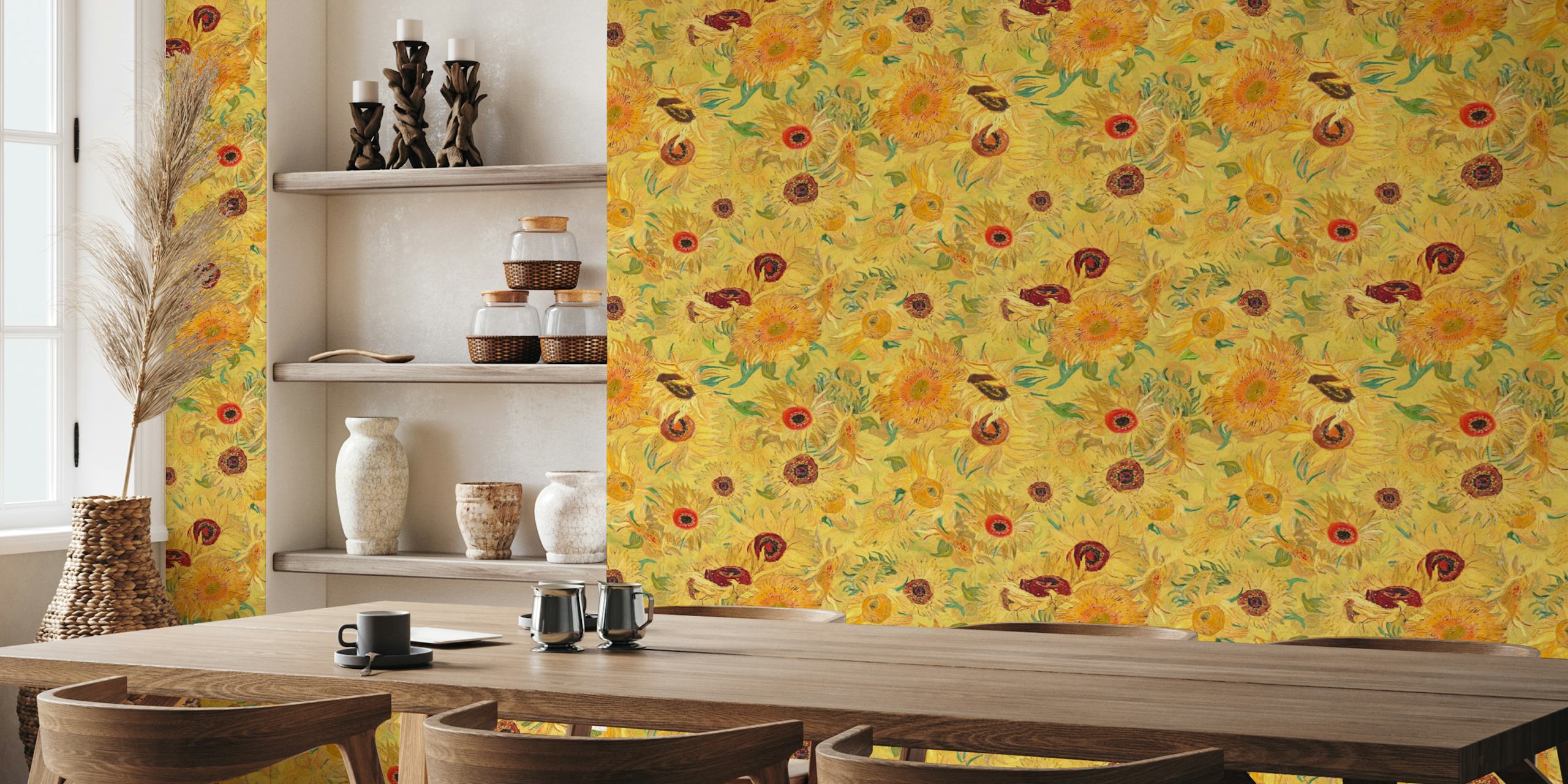 Yellow floral wallpaper featuring Van Gogh sunflowers in vibrant colors