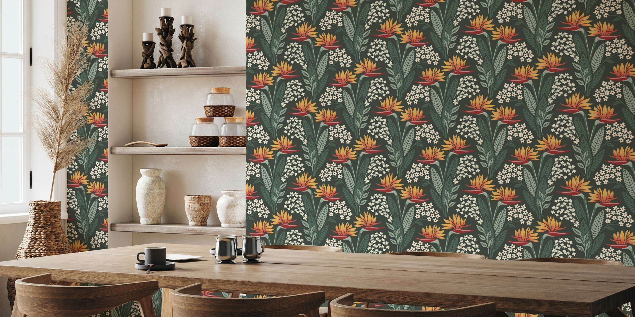 2304 - strelitzia / bird of paradise flowers pattern / dark green wallpaper
