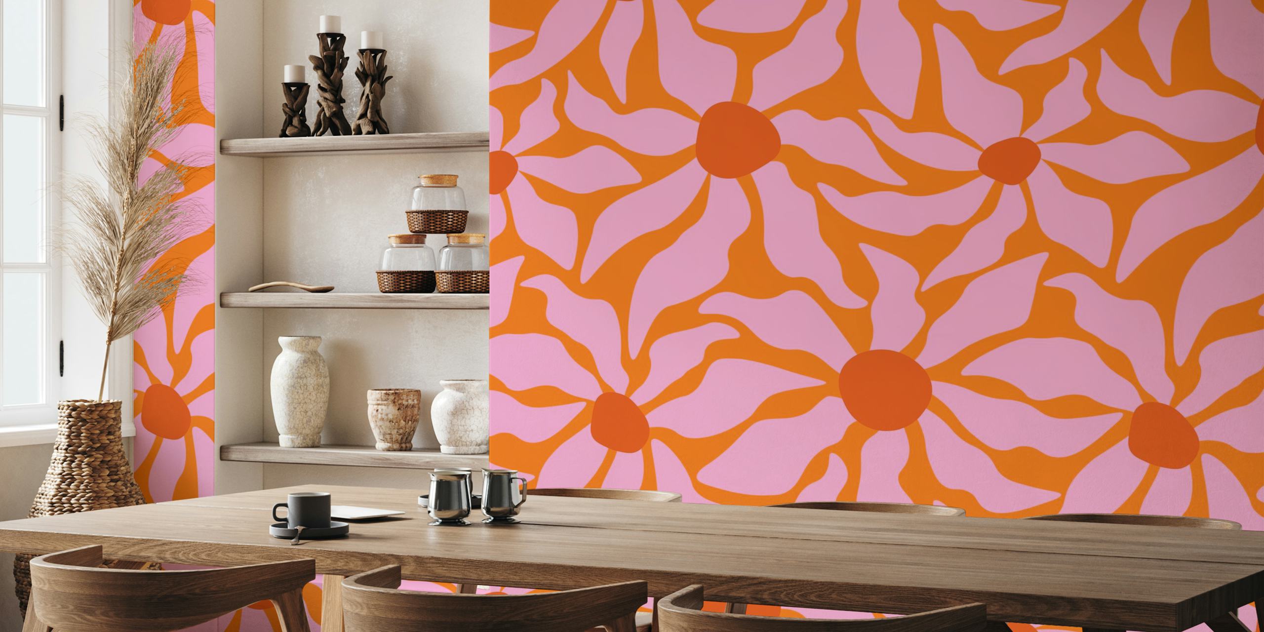 Vibrant orange and pink abstract floral wall mural with a retro groove design
