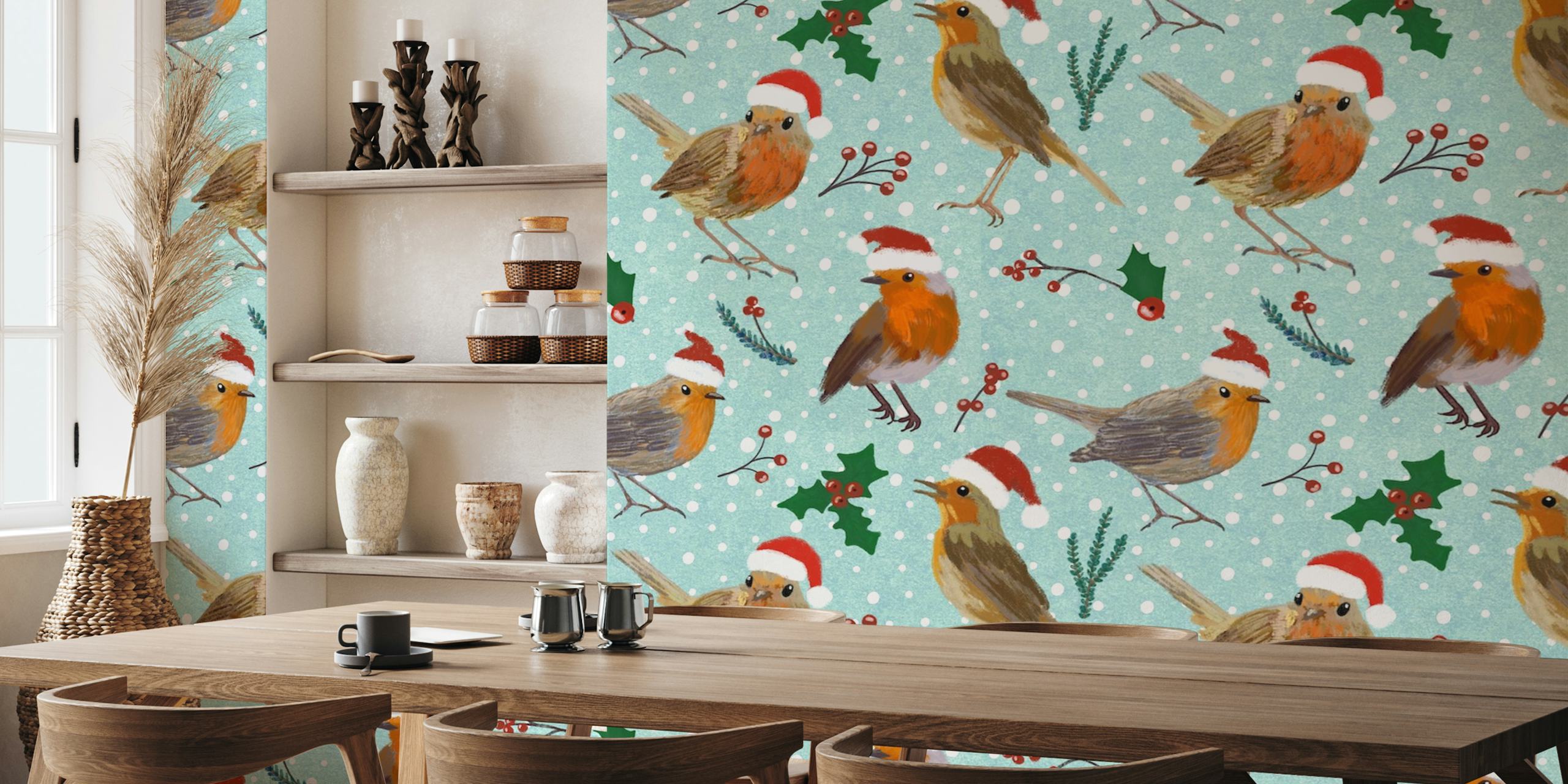 Robin birds in Santa hats winter wall mural with snowflakes and holly leaves
