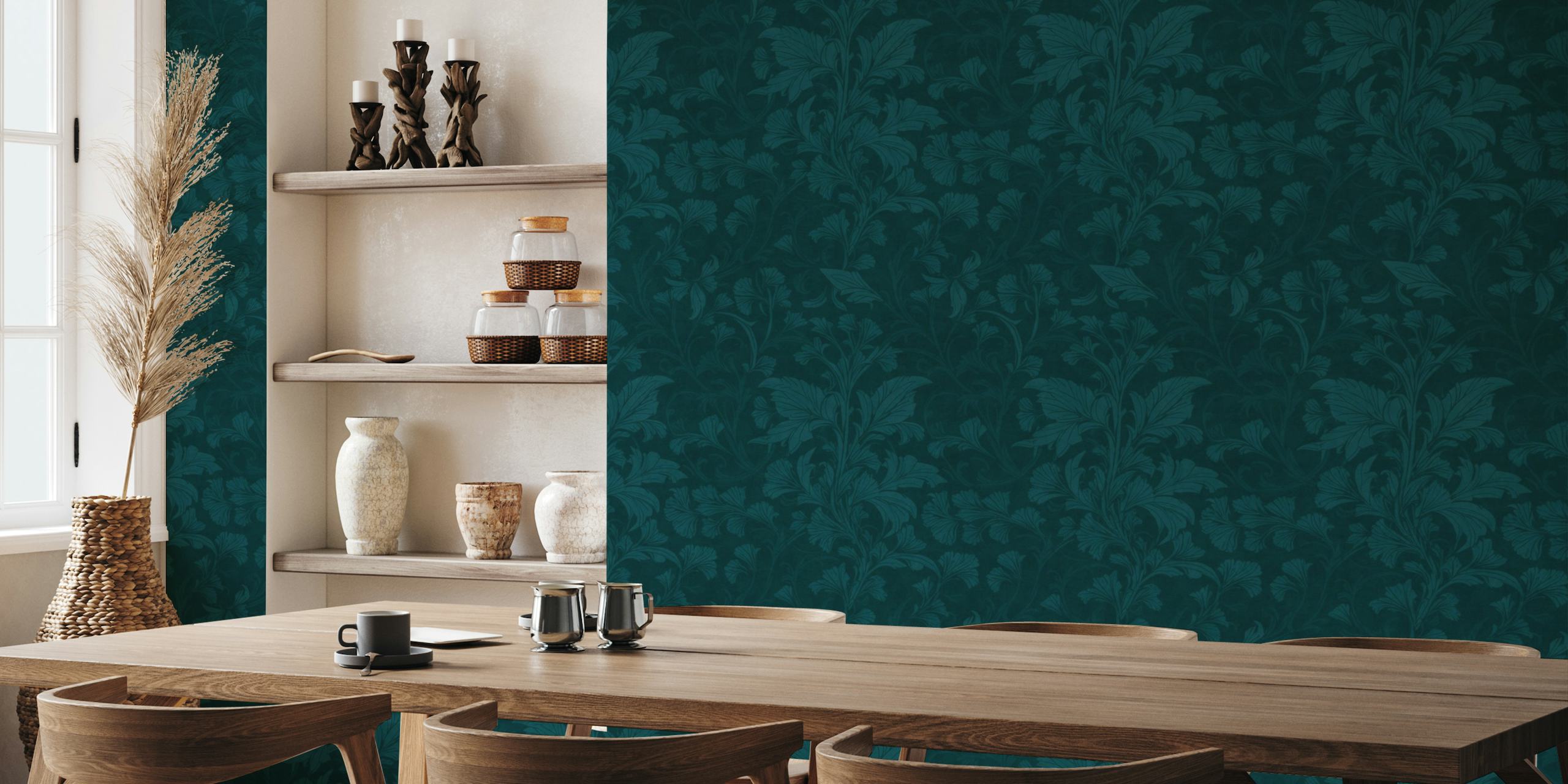 William Morris Style Monochrome Flourish Damask Pattern Emerald Teal wallpaper