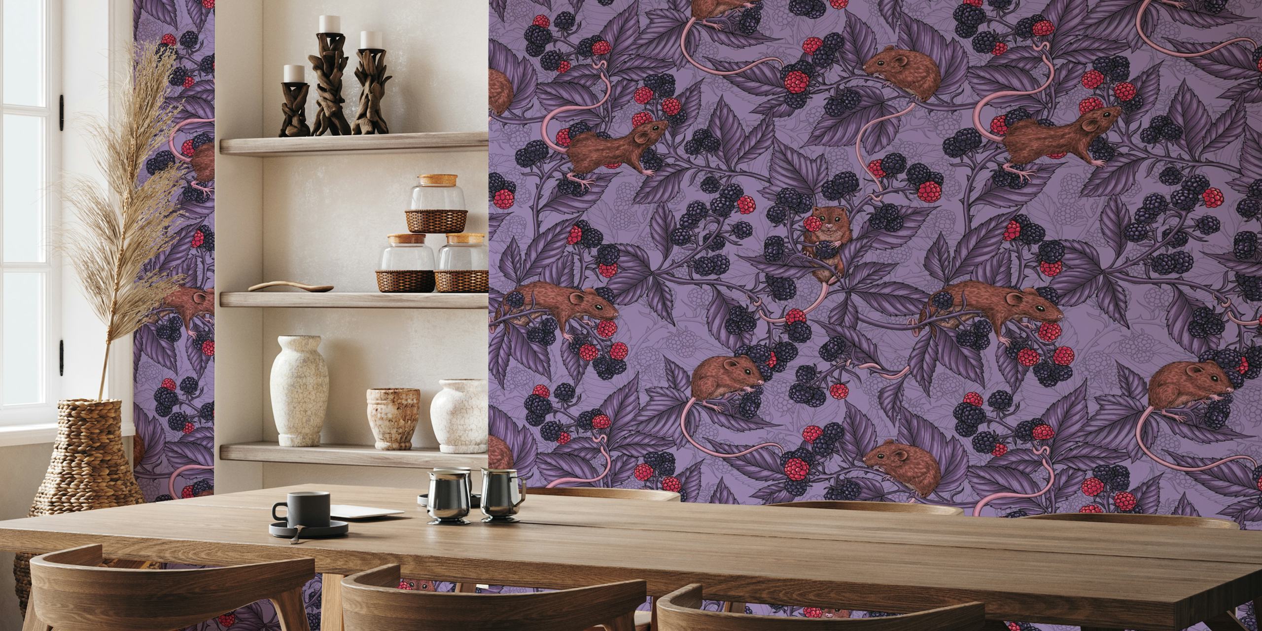 Illustrative wall mural of mice and blackberries on a lavender background