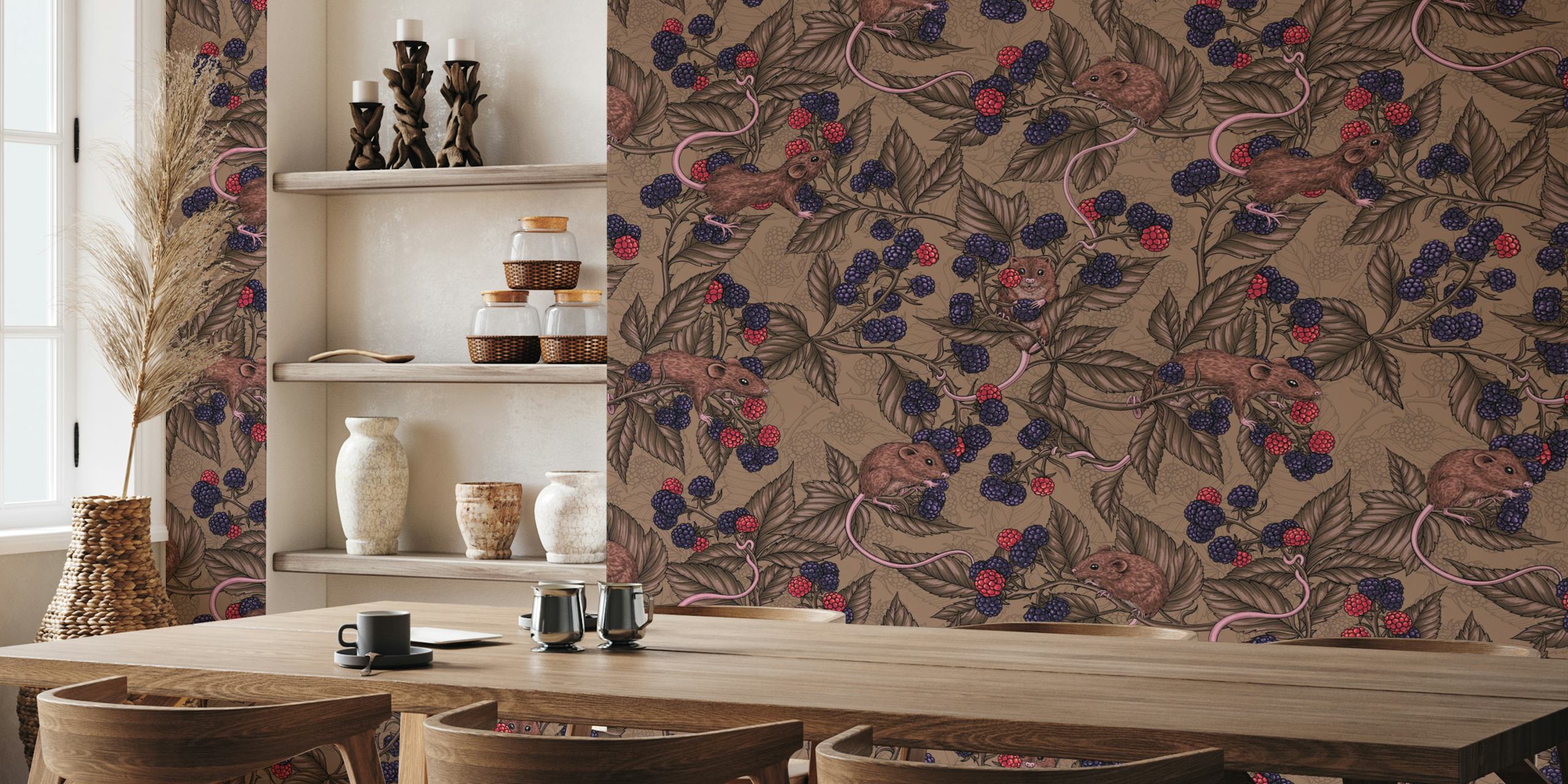 Mice and blackberries on mocha brown background wallpaper