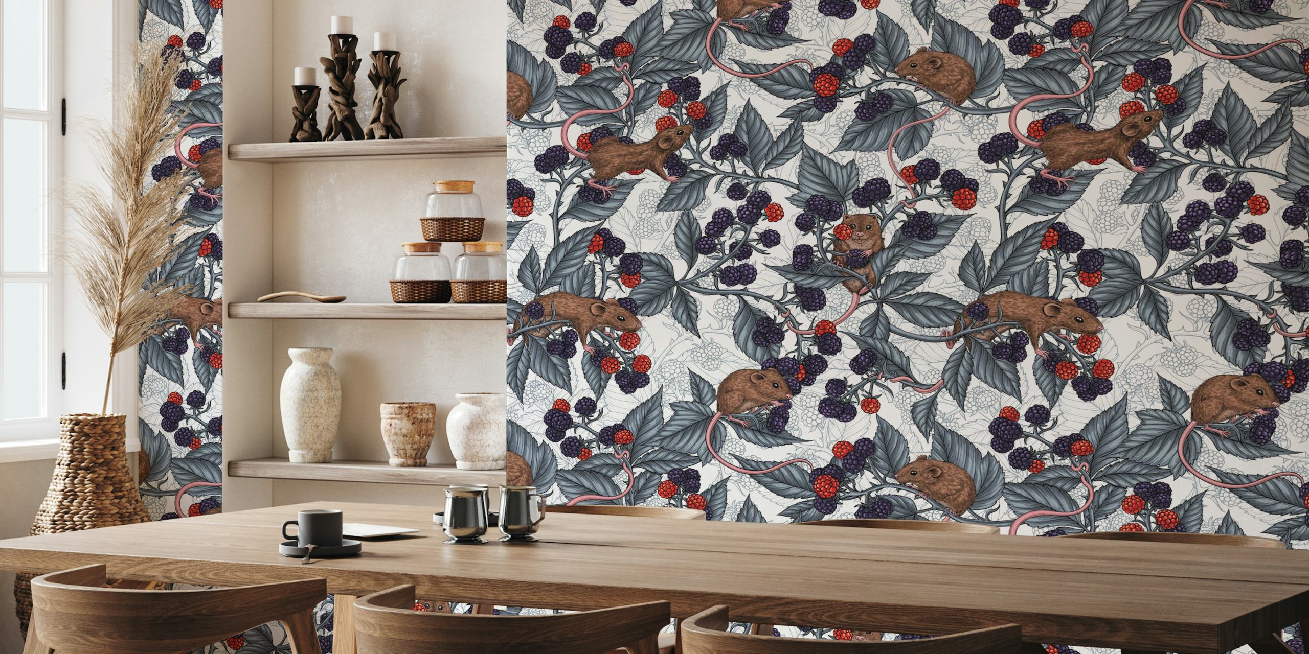 Mice and blackberries on white background wallpaper