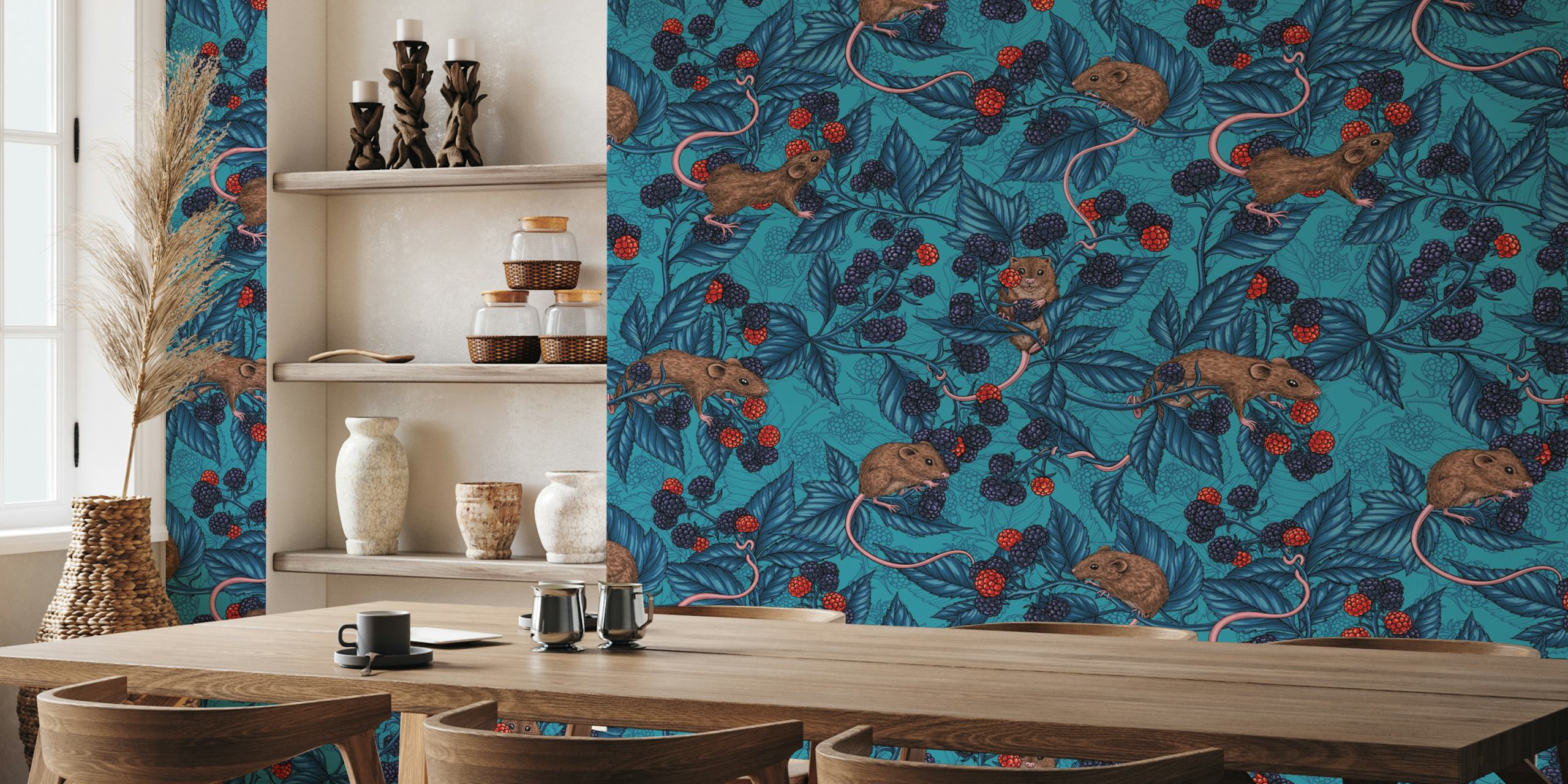 Mice and blackberries on turquoise background wallpaper