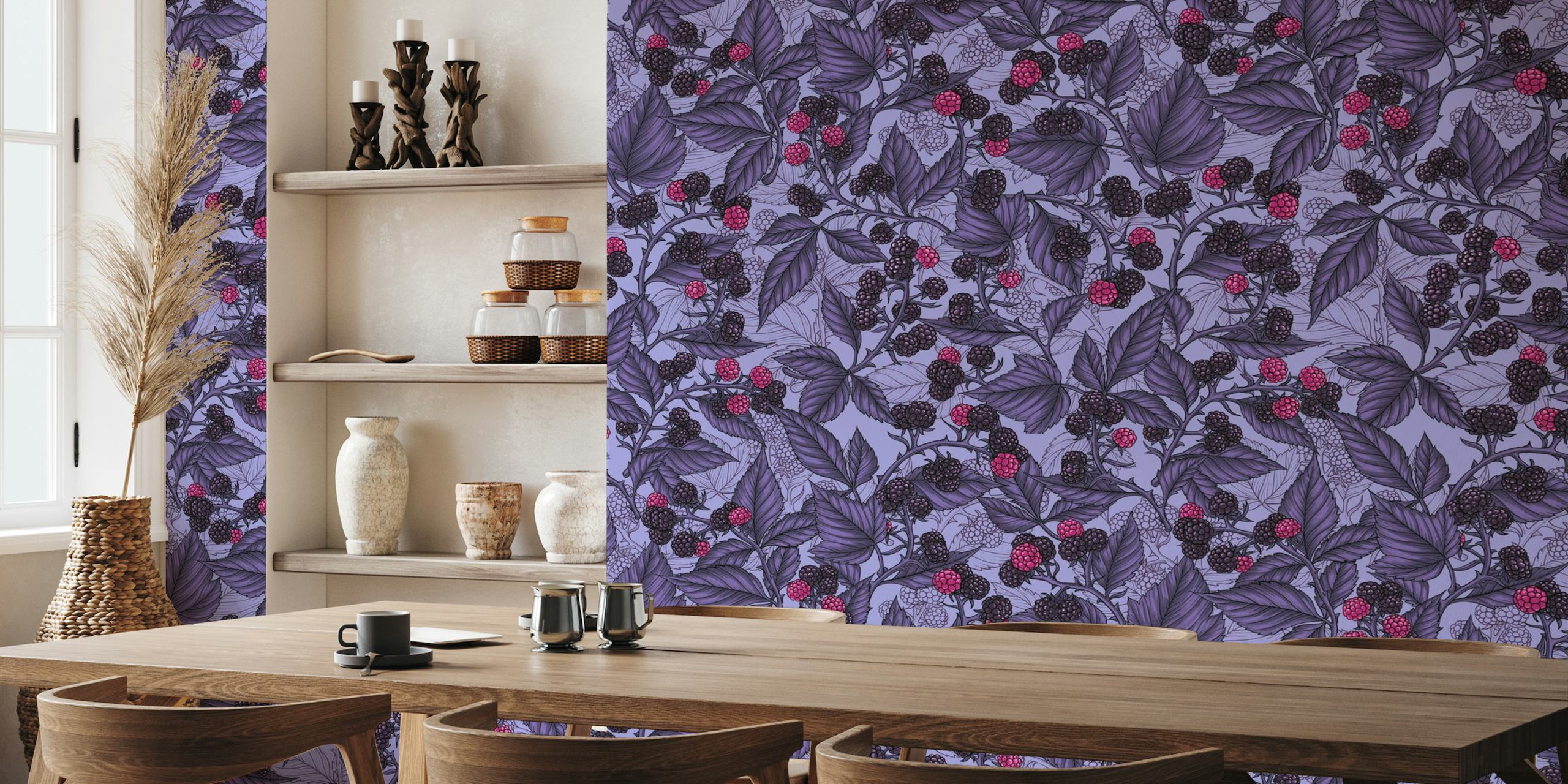 Blackberries on lilac wallpaper