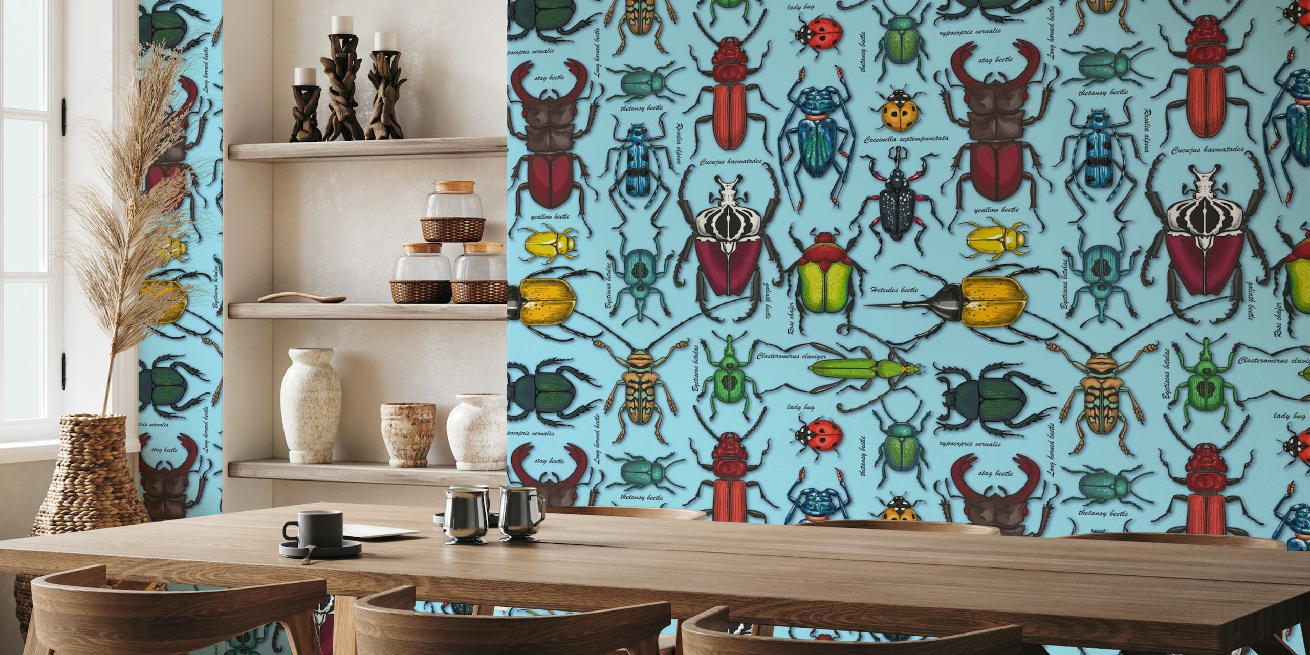 Beetles on blue wallpaper