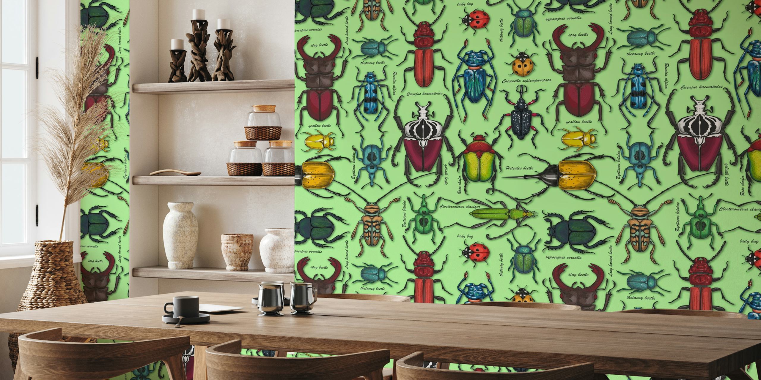Beetles on light green wallpaper