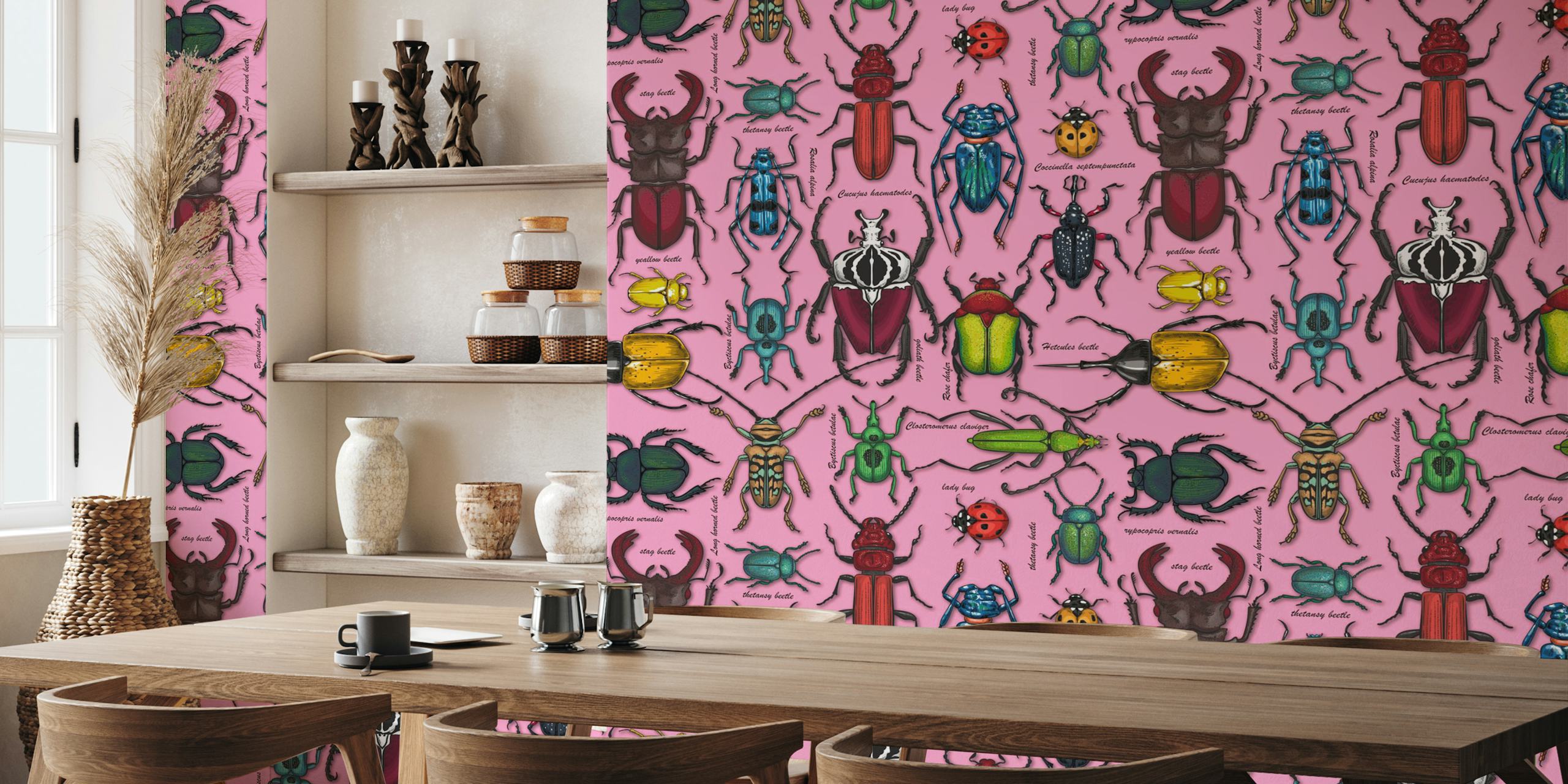 Colorful beetles in various details on pink background wallpaper