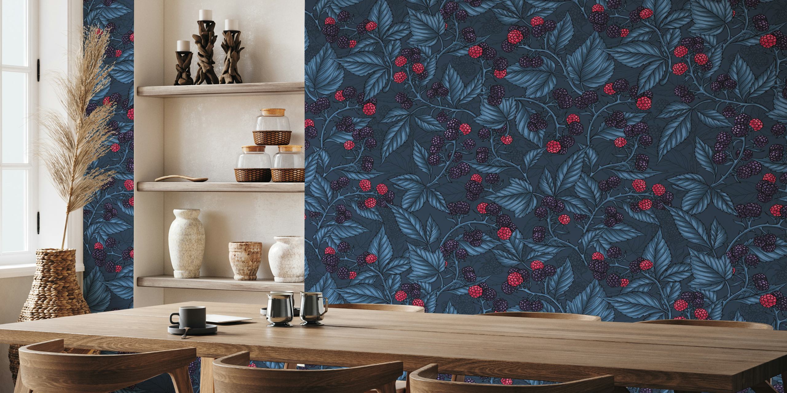 Blackberry fruit and green leaves pattern on dark blue wallpaper