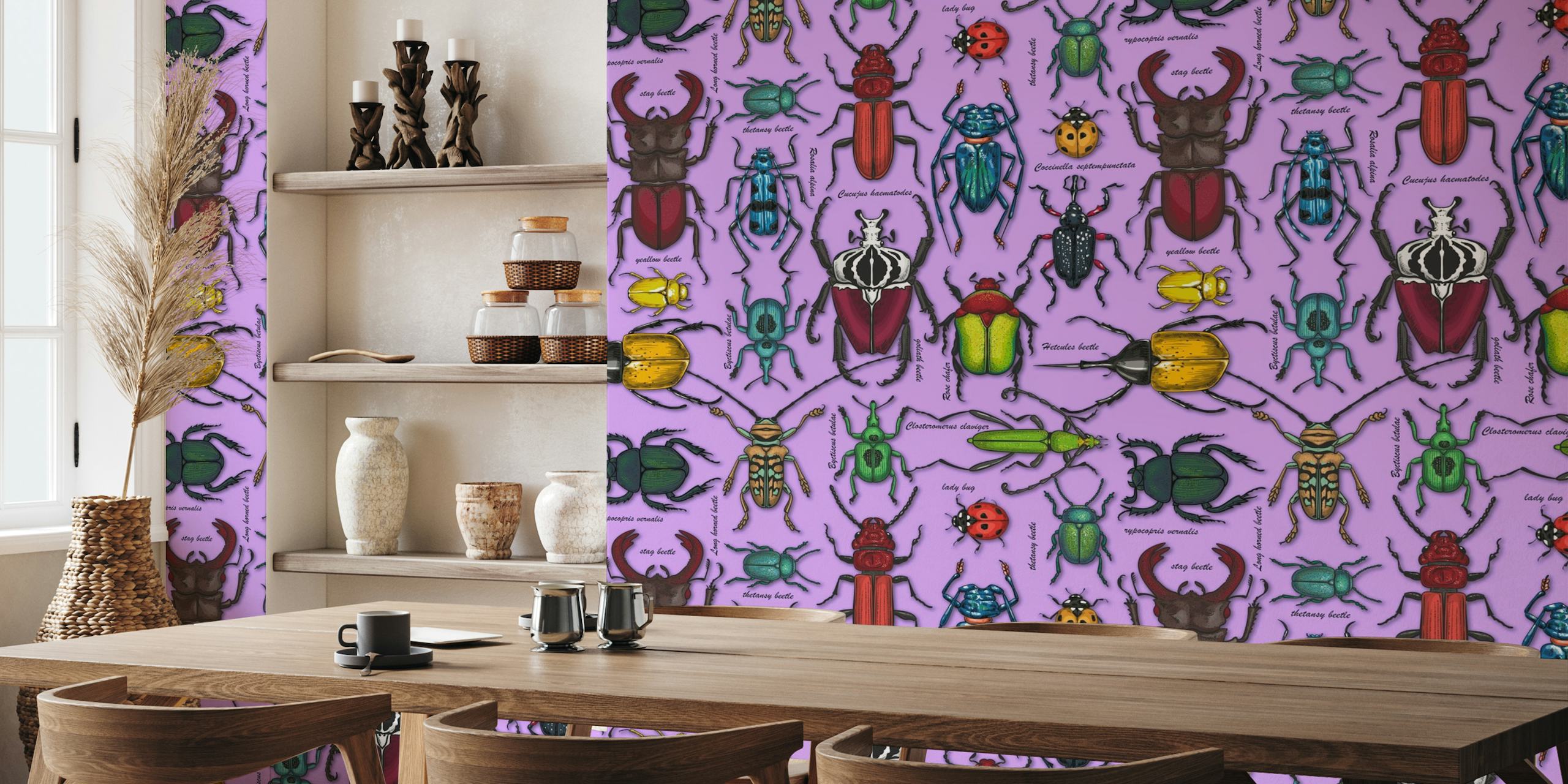 Colorful beetles illustrated on a lilac-colored background wall mural
