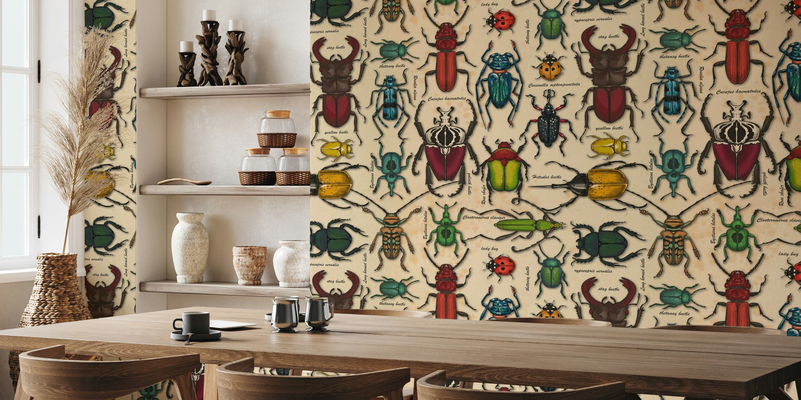 Beetles on old paper wallpaper