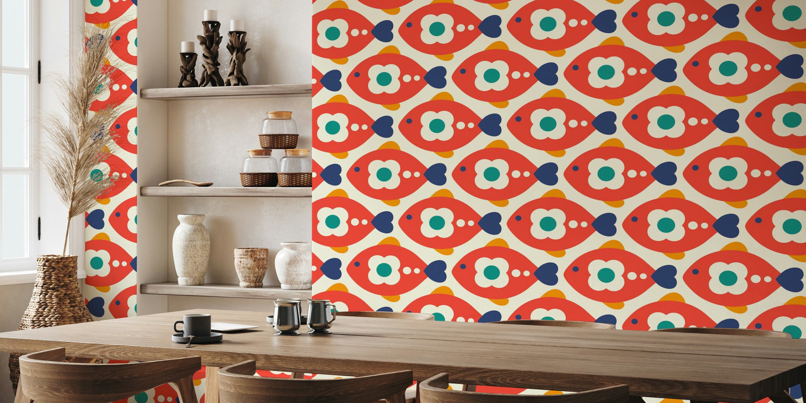 Colorful retro fish design with red, blue, and cream. Wallpaper.