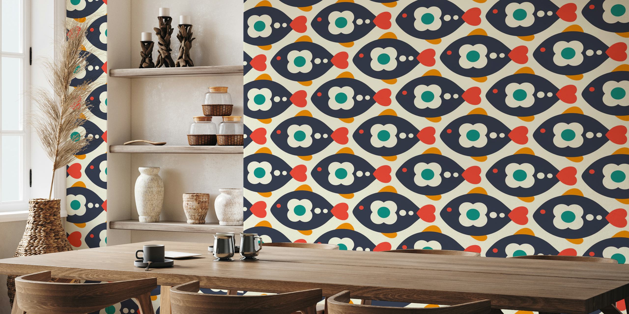 Veggmaleri i retrostil med lekne fiskemønstre i marine og røde farger på Happywall.com
