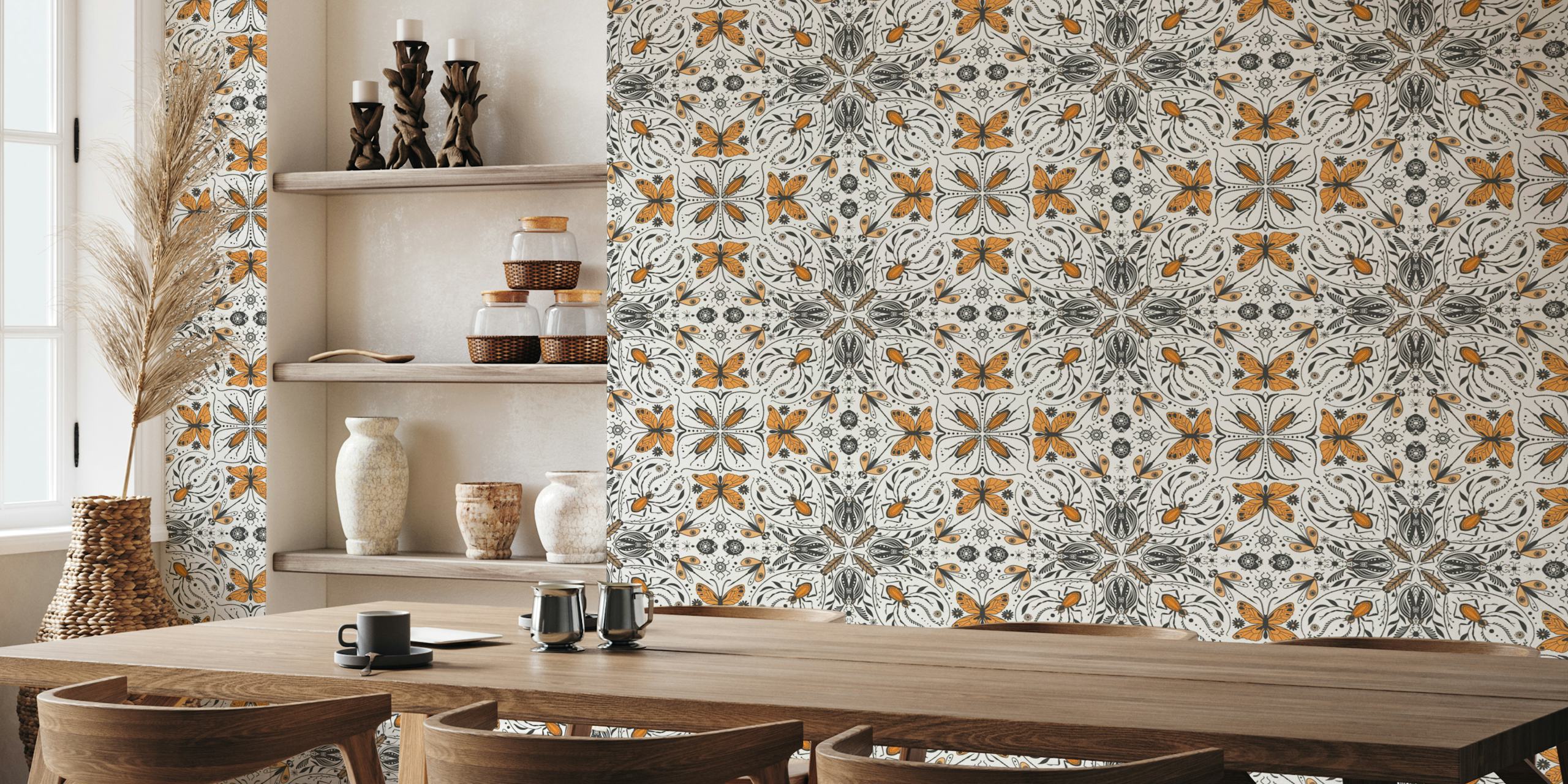Bugs and insects in black, orange, and off-white pattern wallpaper