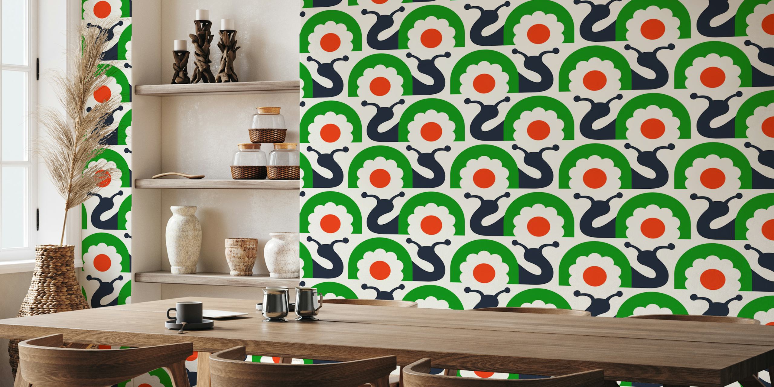 Retro snails with flowers wallpaper in a room