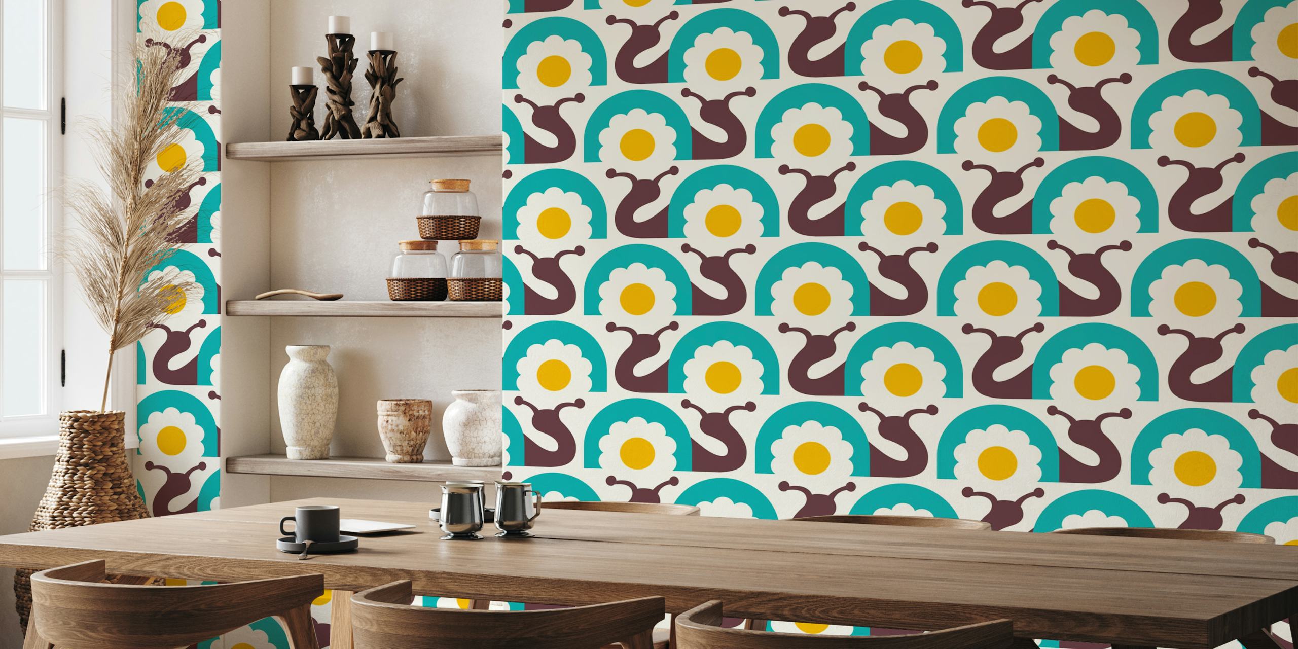 Retro snails and flowers wall mural in turquoise and yellow