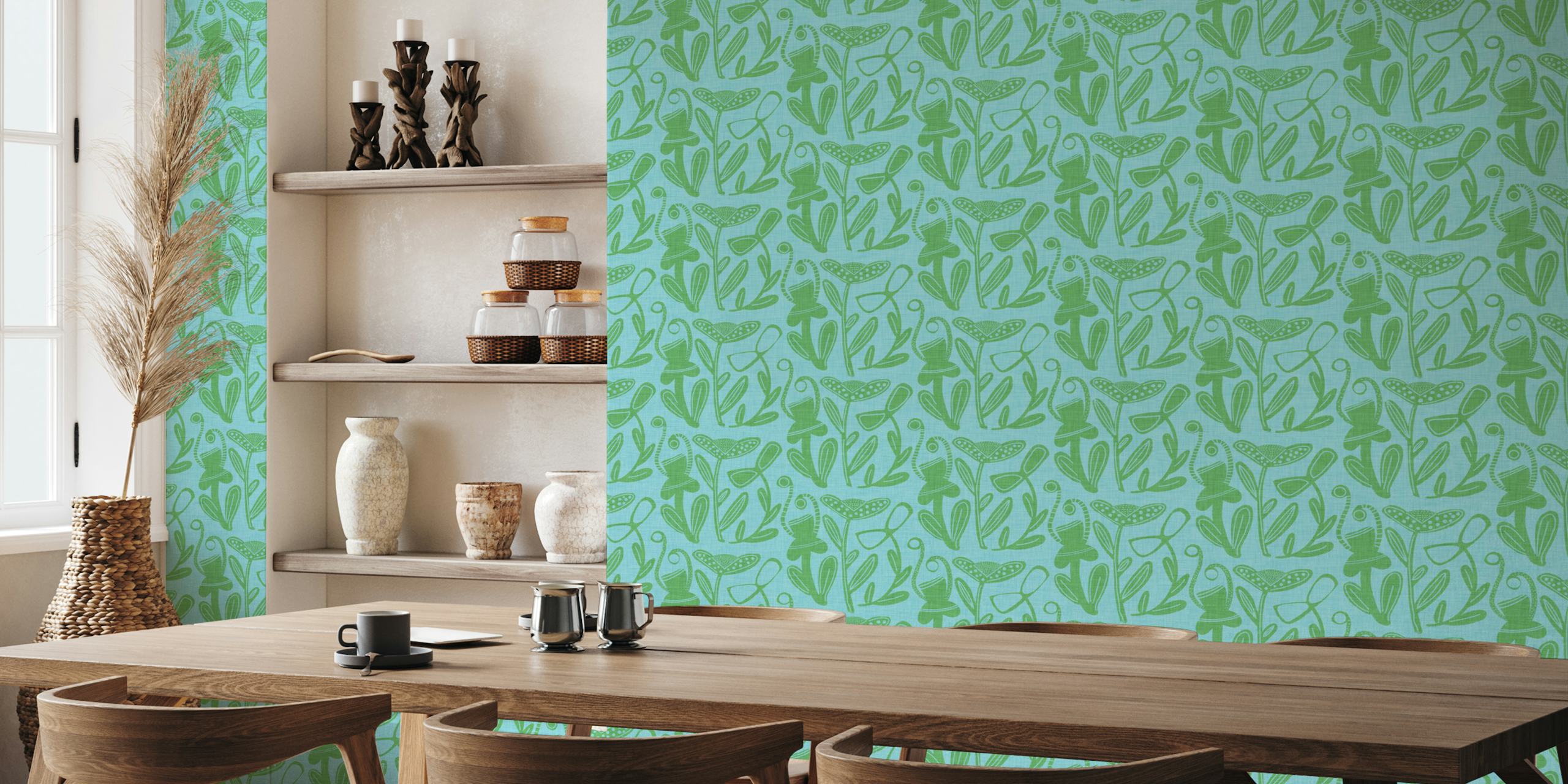 Light blue and green floral bohemian-style wall mural