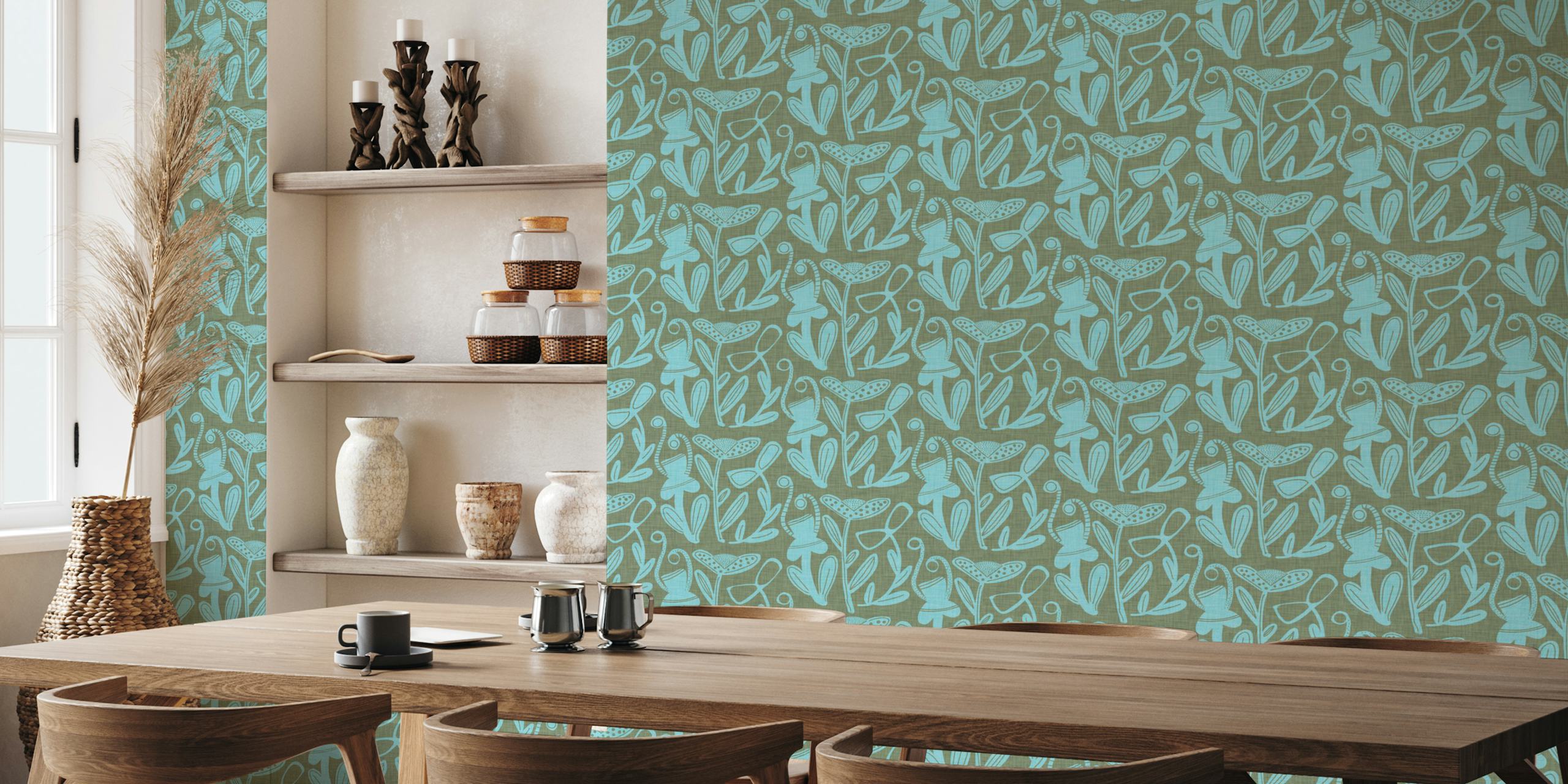 Blue floral pattern with bold designs on sage wallpaper