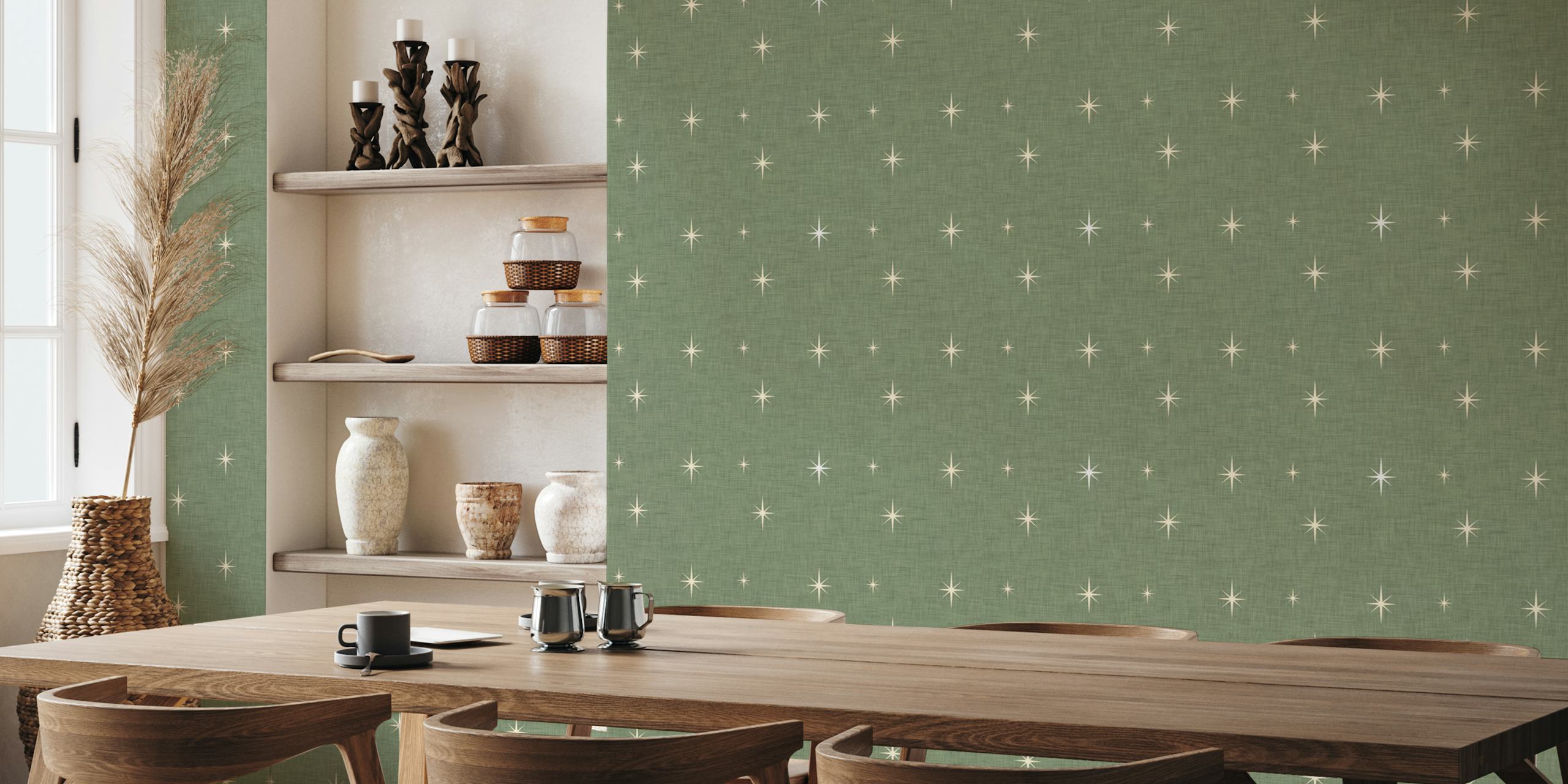 Mid Century Starburst Dark Sage wallpaper, light stars on green fabric