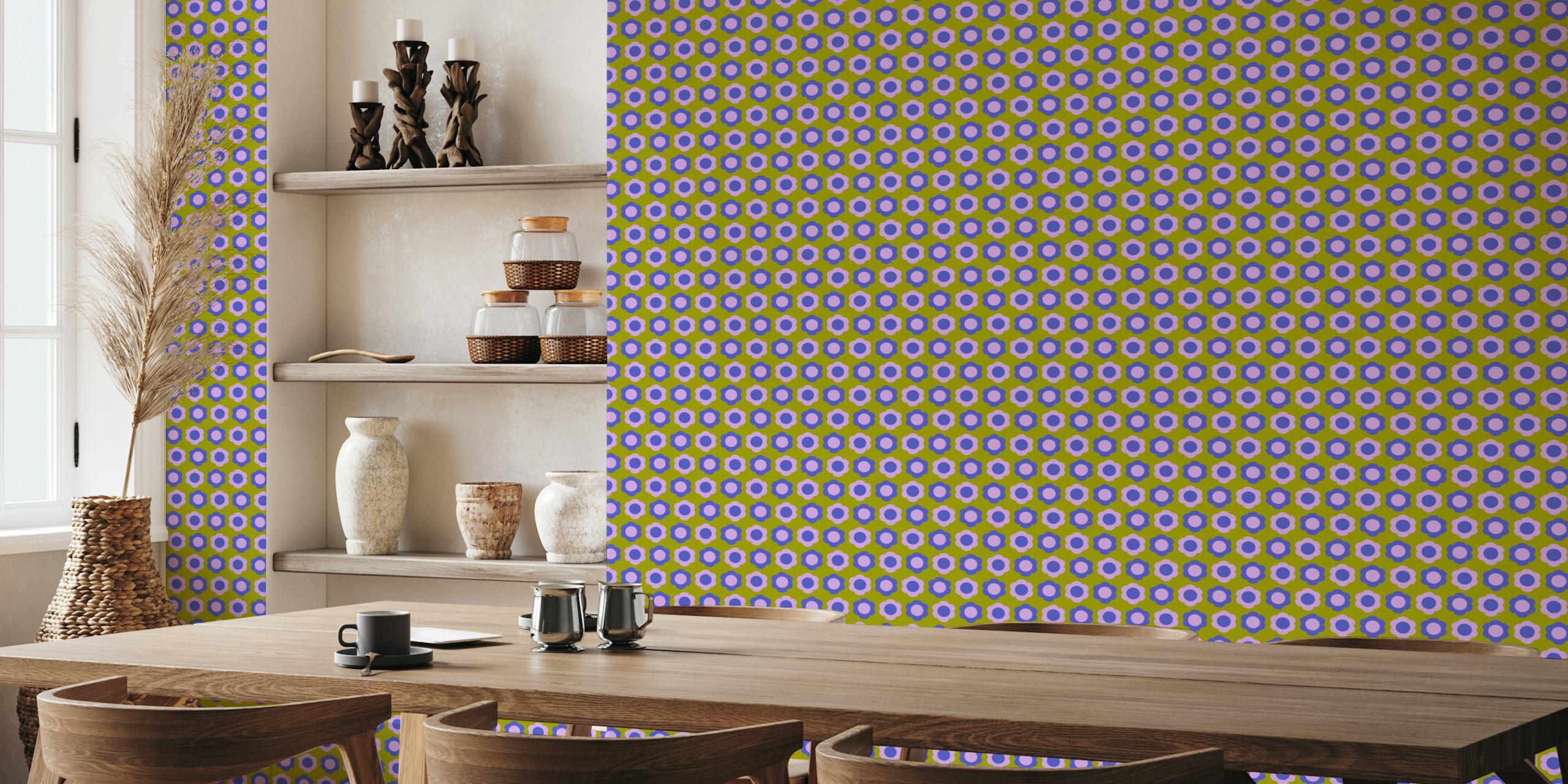 Purple and green mod pop flower pattern on wallpaper