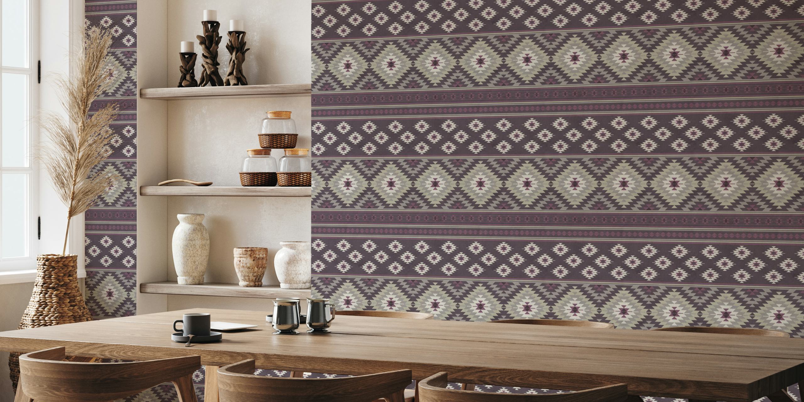 Kilim stripes in plum beige wallpaper in a room