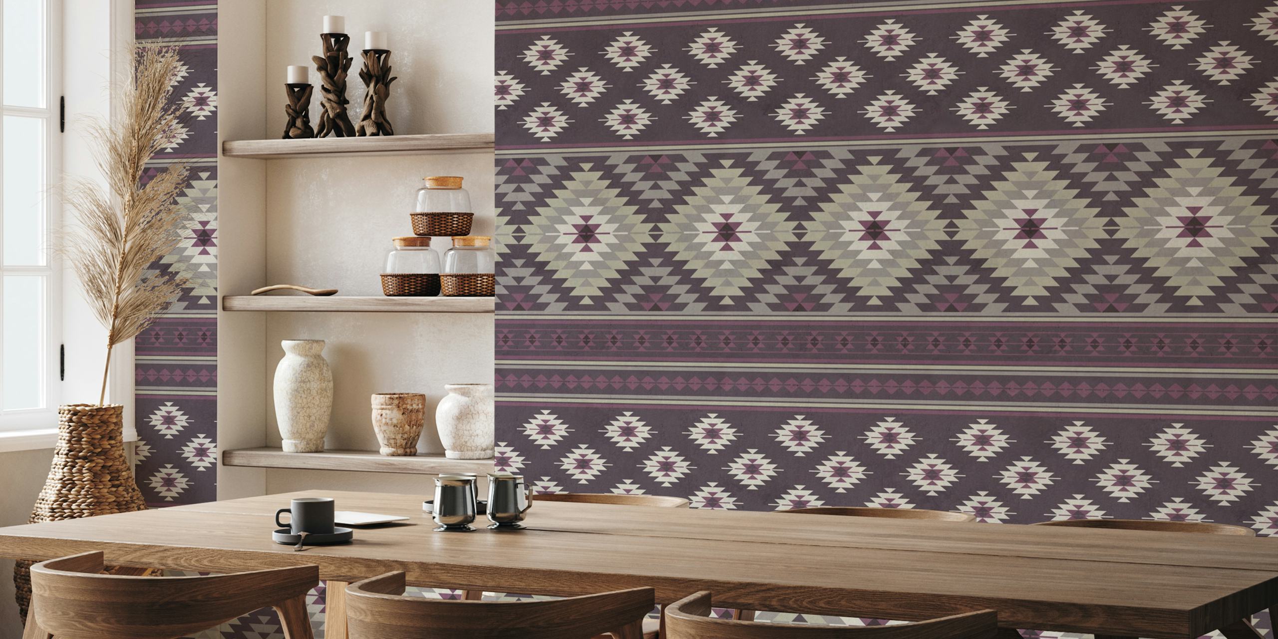 Fototapeta Kilim Stripes w odcieniach śliwki i beżu z dużymi geometrycznymi wzorami