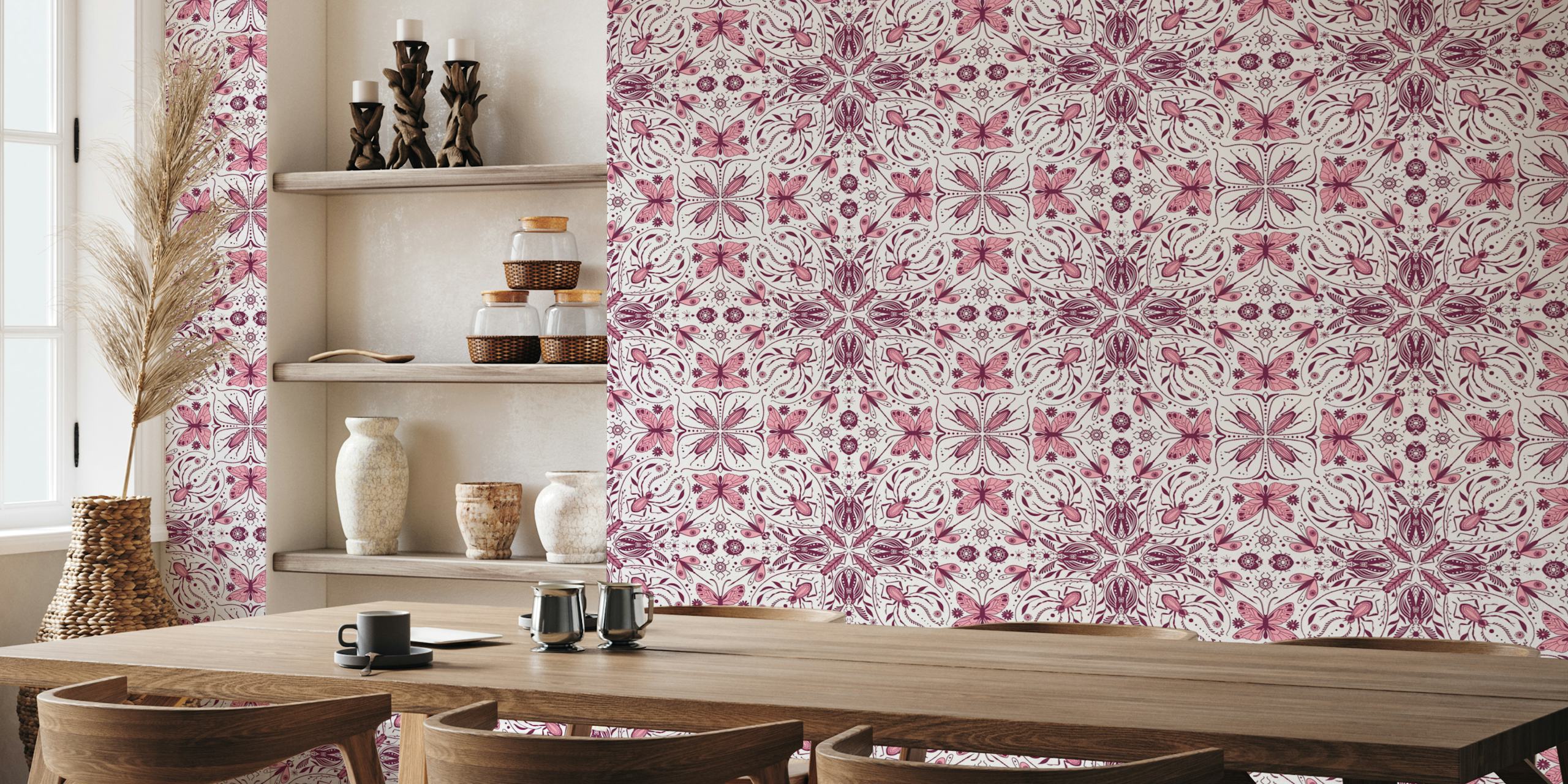 Insect patterns with dark magenta and pink on white wallpaper
