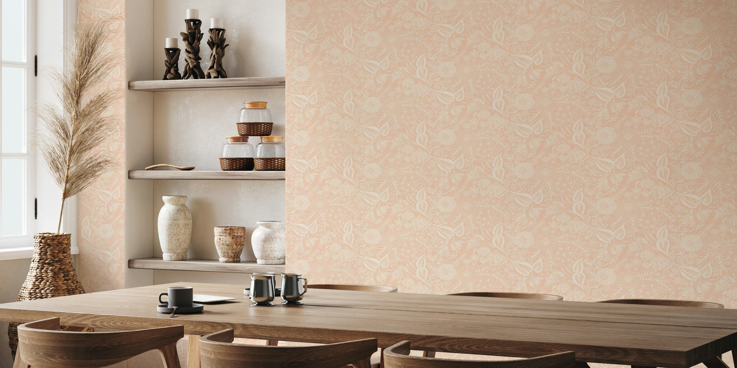 Subtle floral and bee pattern on a sheer peach wall mural