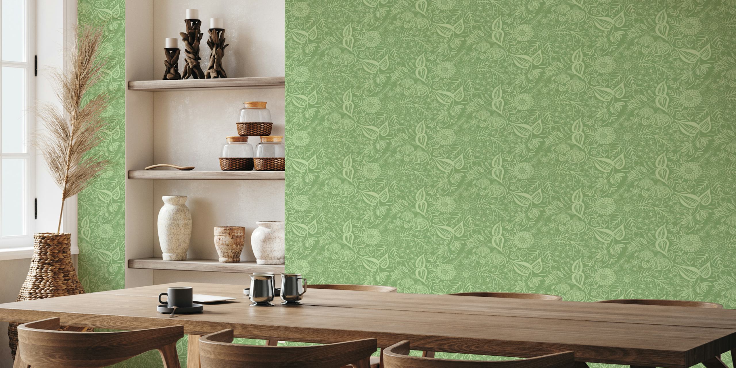 Soft green wall mural with a floral and bee garden pattern