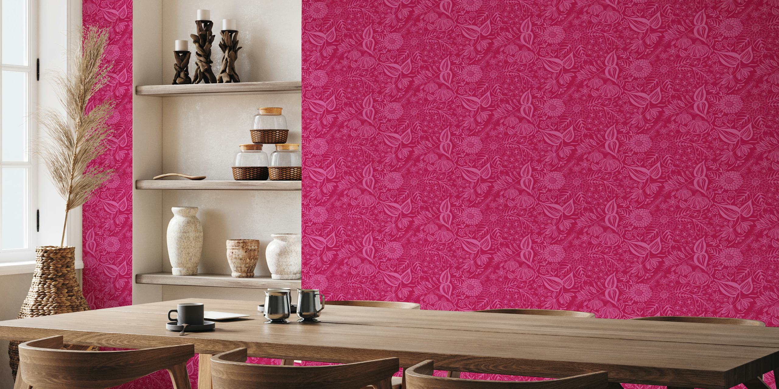 Floral patterns in cerise with pink flowers and leaves wallpaper
