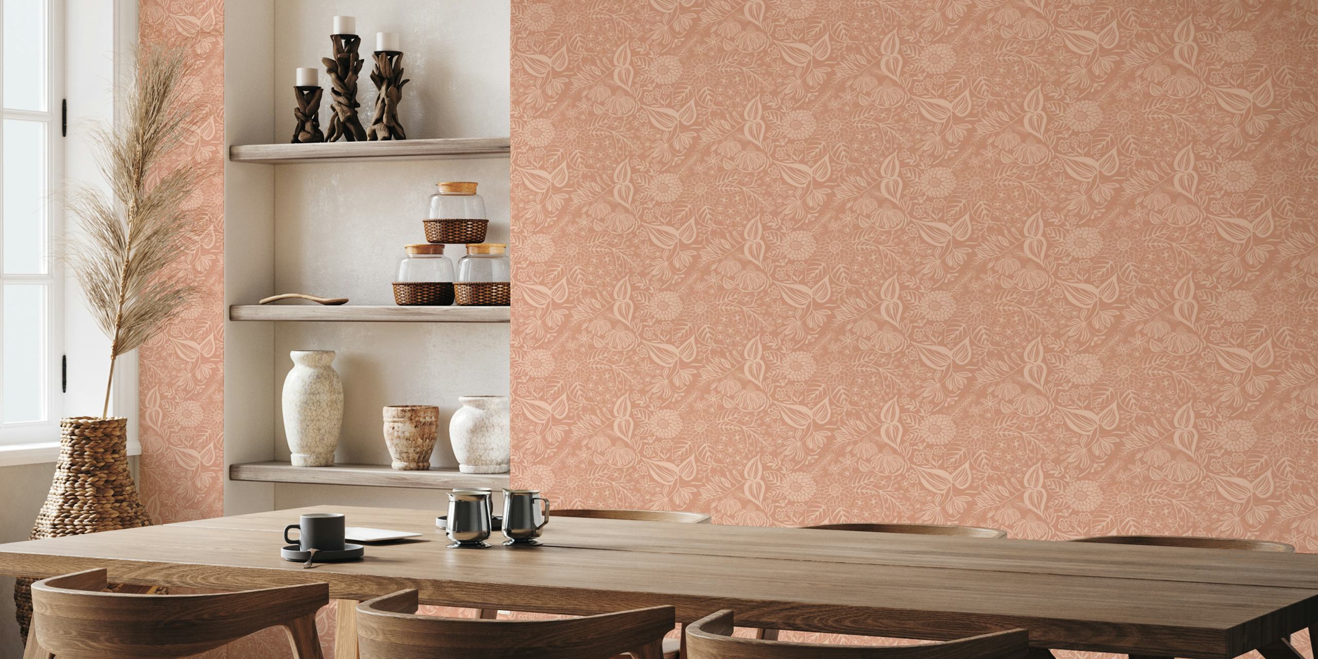 Floral pattern with leaves and flowers in soft coral wallpaper