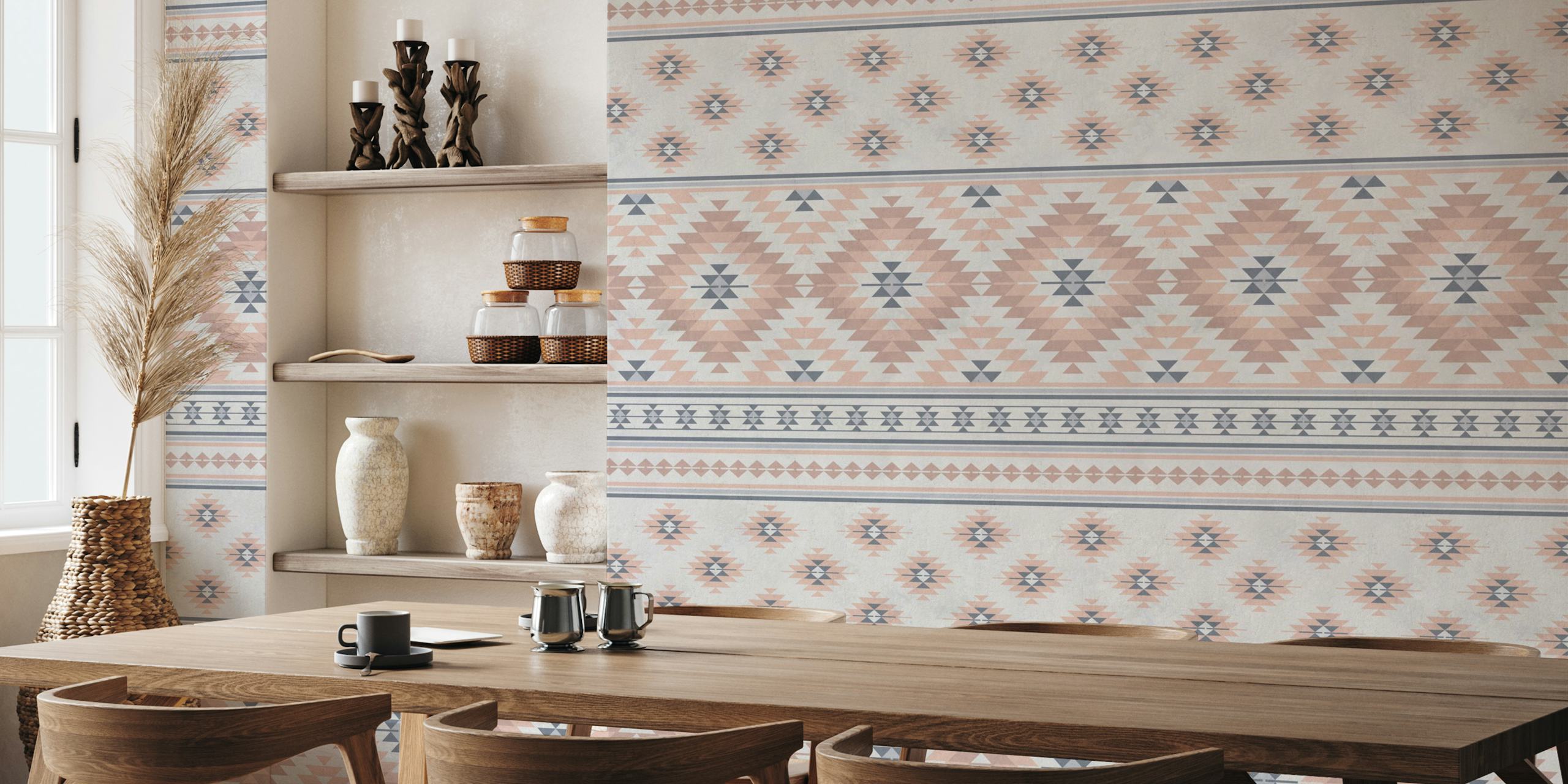 Mural de parede Kilim Stripes em Blush Pink Grey com padrões étnicos