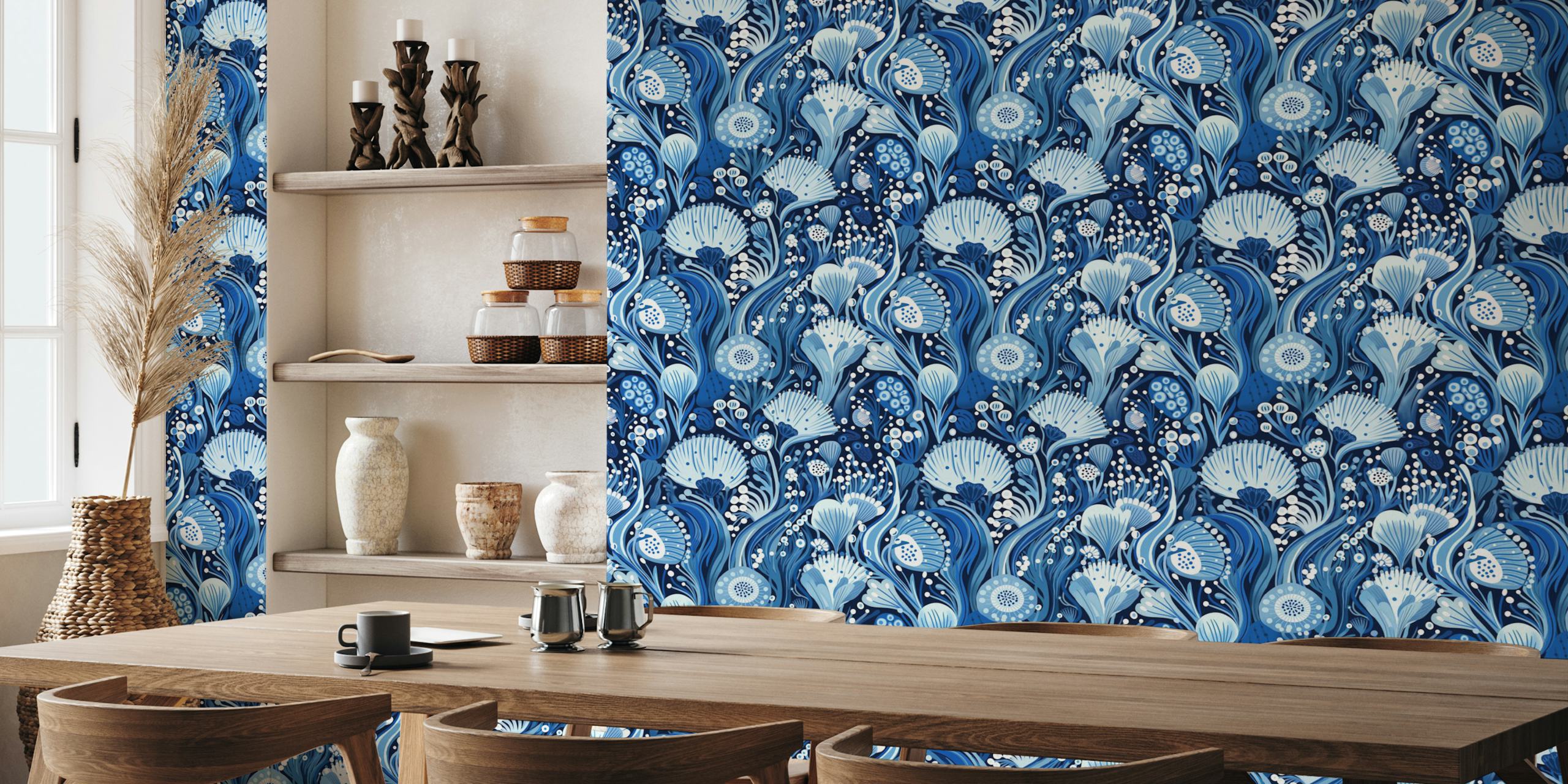 Underwater flora design featuring various blue flowers and bubbles wallpaper