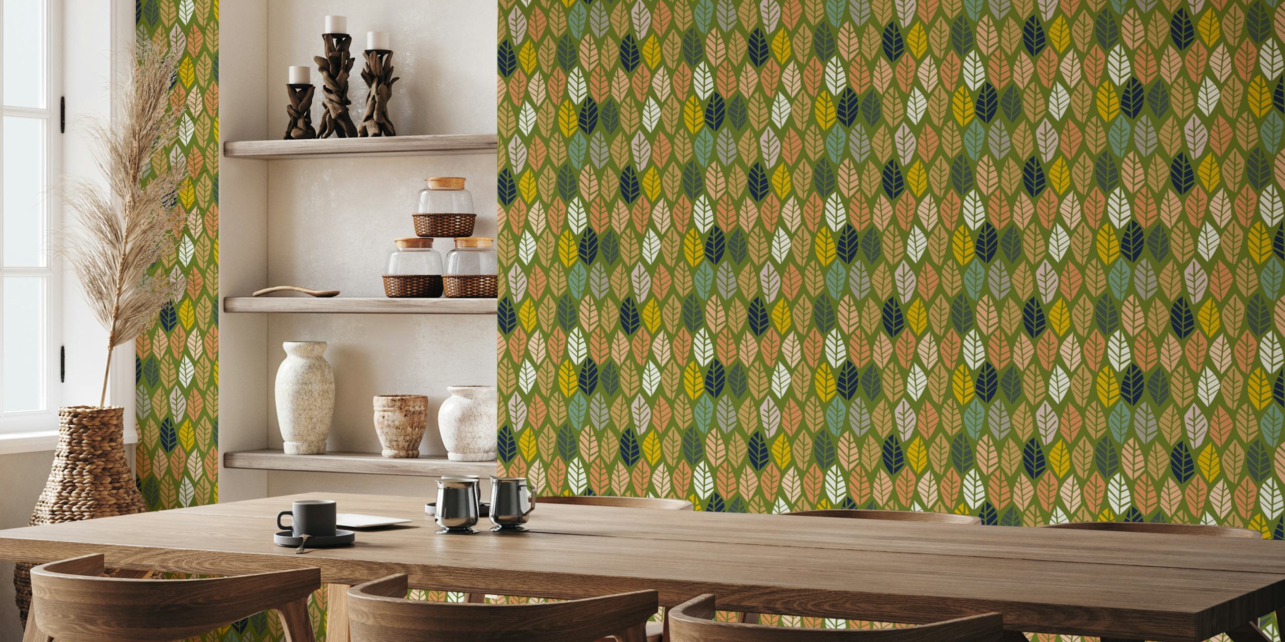 Colorful leaf pattern in various shades on green background wallpaper