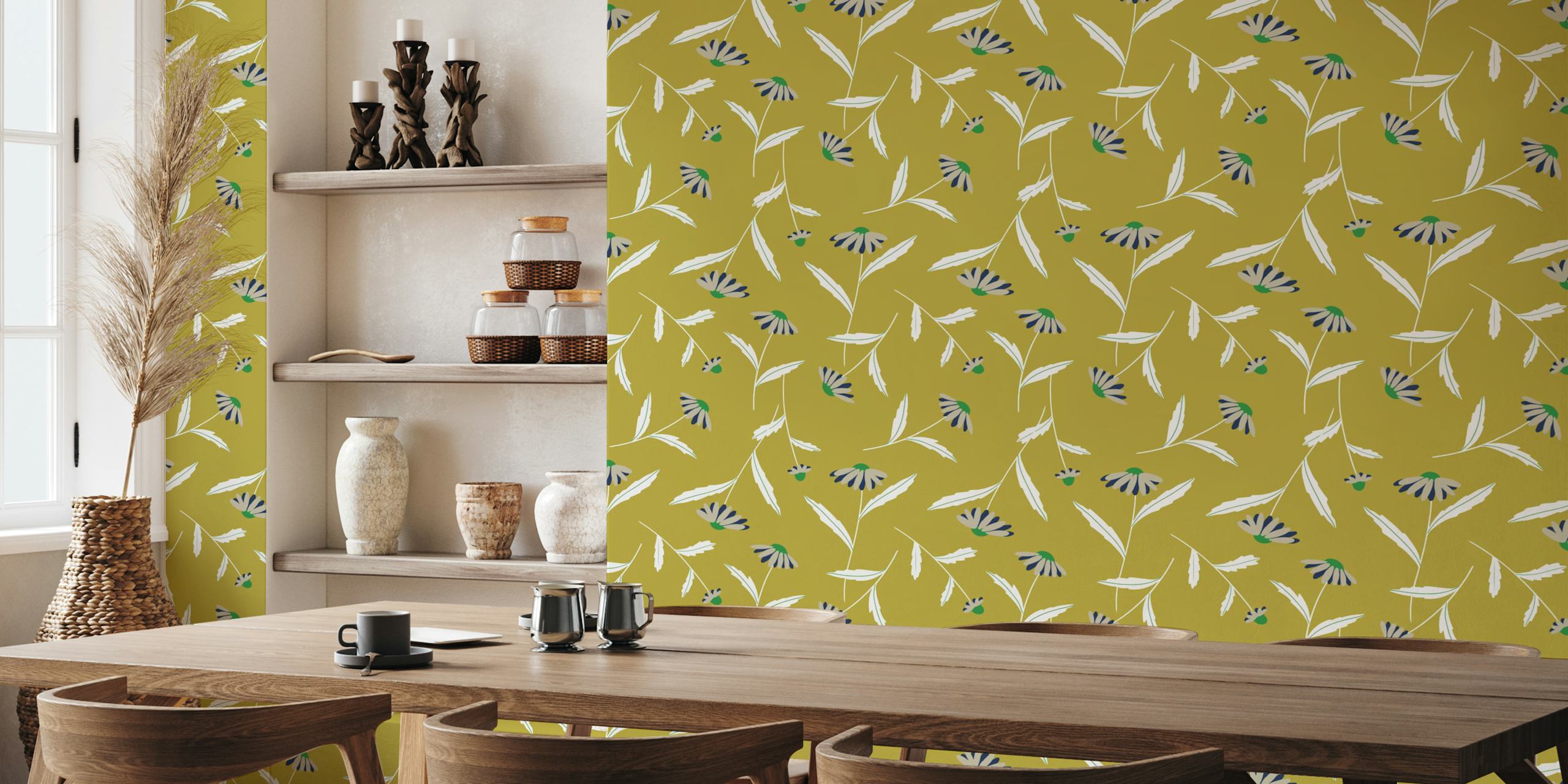 Carolina Mustard wall mural with white botanical patterns on a mustard yellow background
