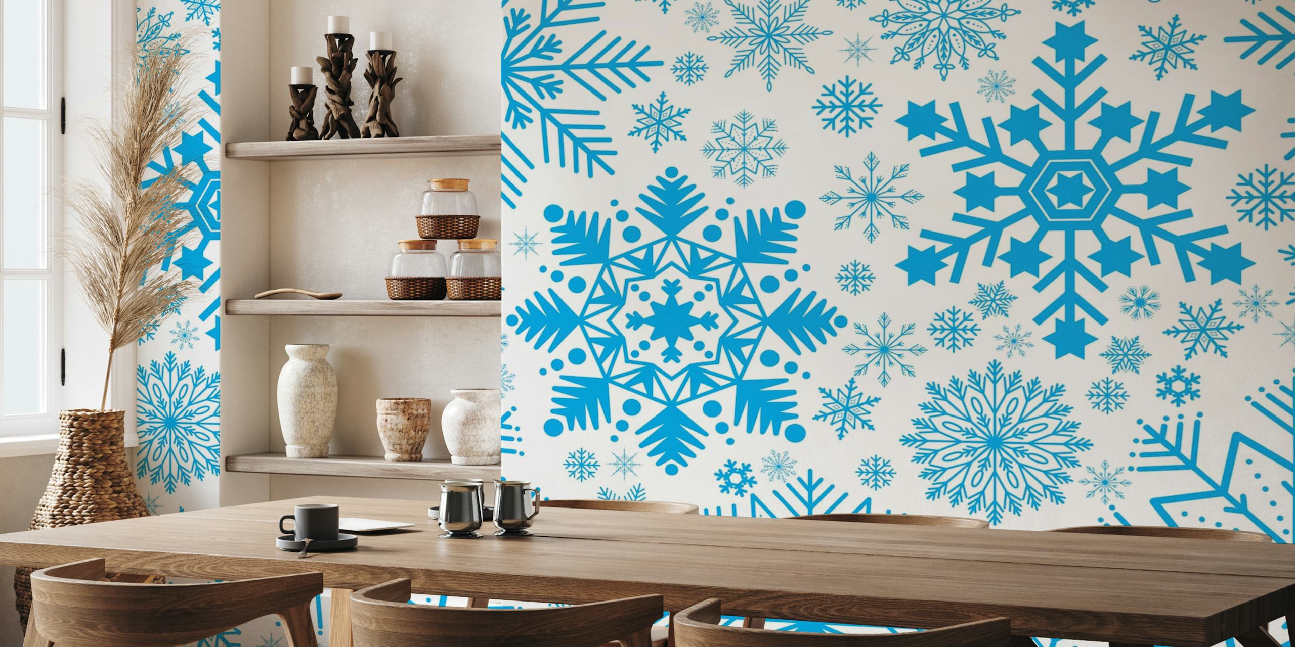 Blue snowflakes on a white background wallpaper